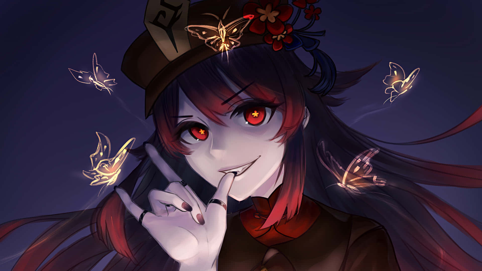 Hu Tao, fire butterflies, glowing red eyes, Full HD Desktop Wallpaper