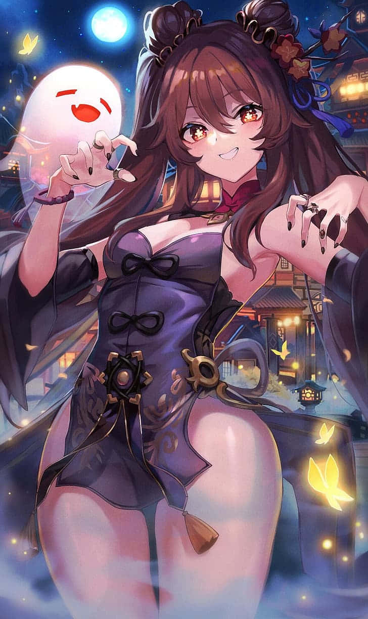 Hu Tao, purple outfit, glowing ghostly orb, SD Phone Wallpaper