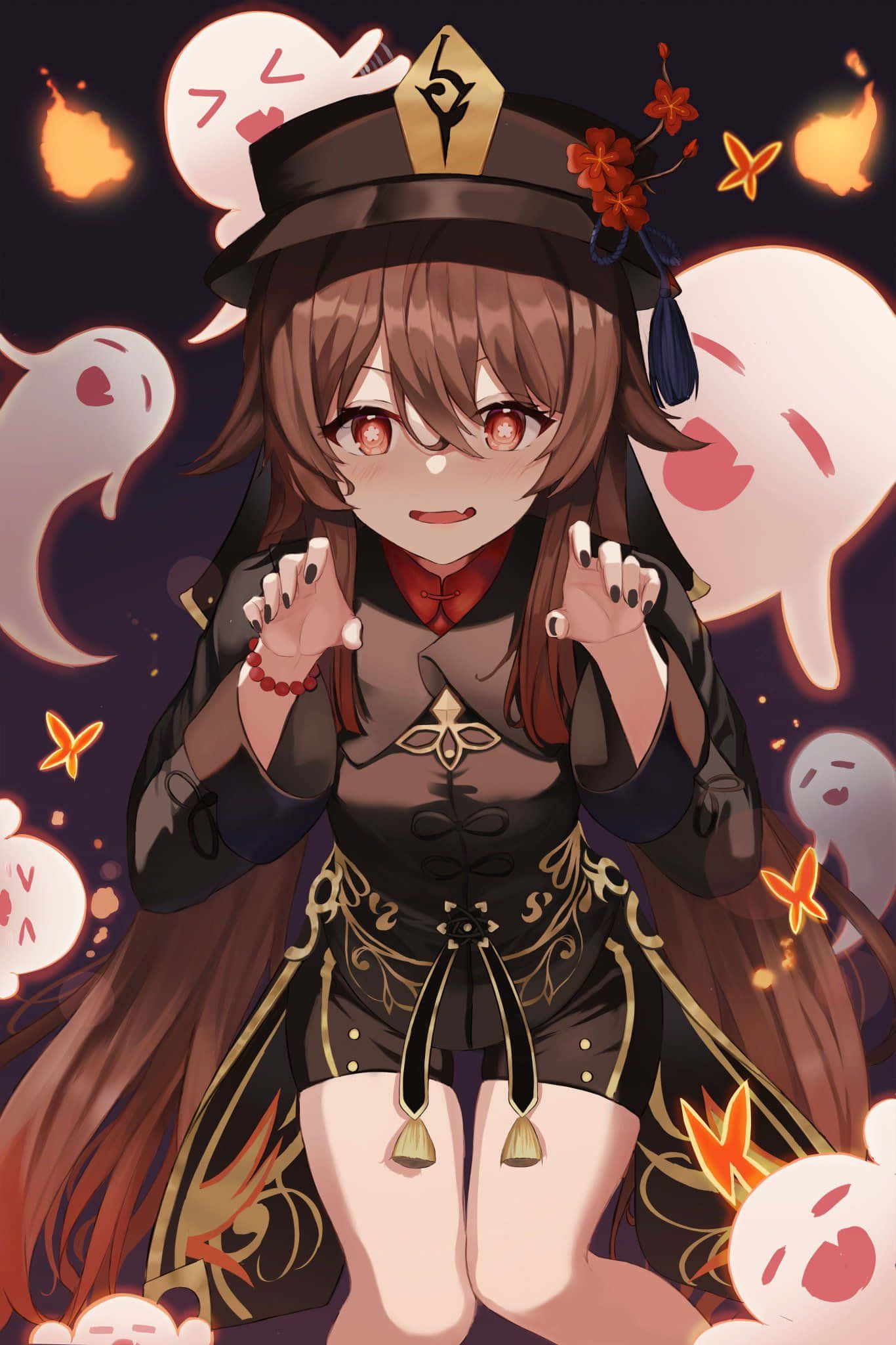 Hu Tao, ghostly spirits, glowing red eyes, Full HD Phone Wallpaper