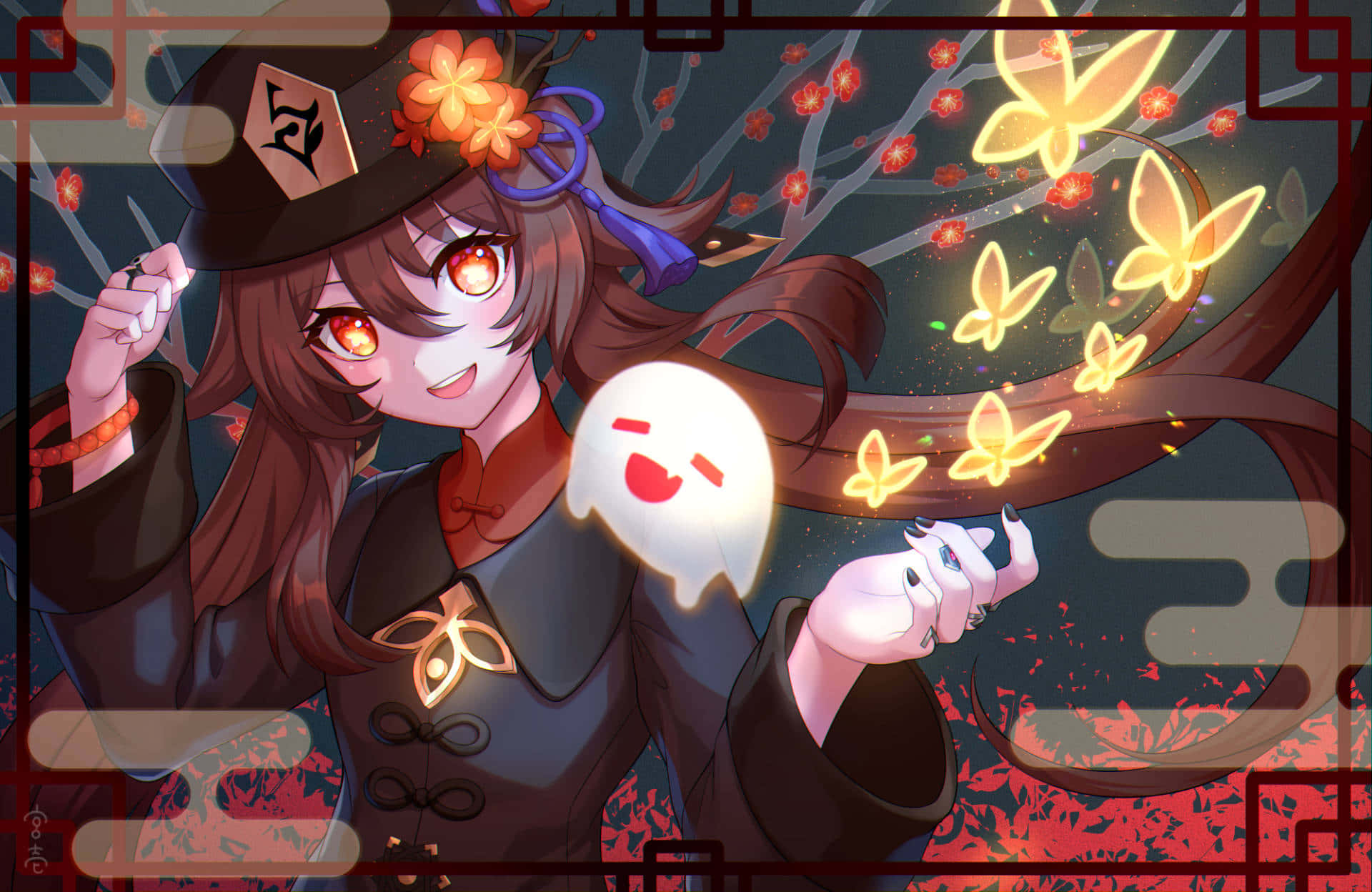 Hu Tao, glowing orange eyes, floral hat, Full HD Desktop Wallpaper