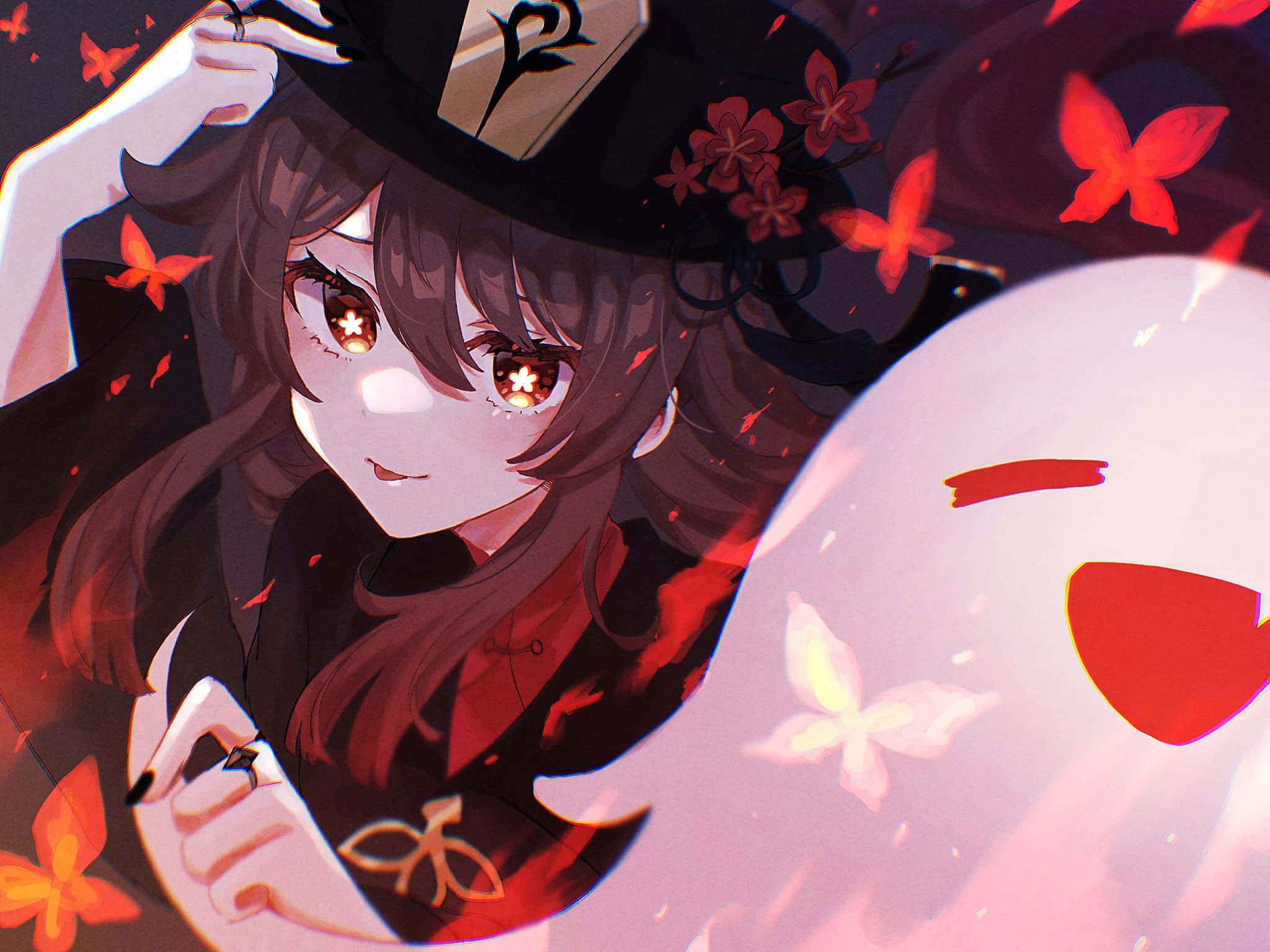 Hu Tao, glowing star eyes, black hat, Full HD Desktop Wallpaper