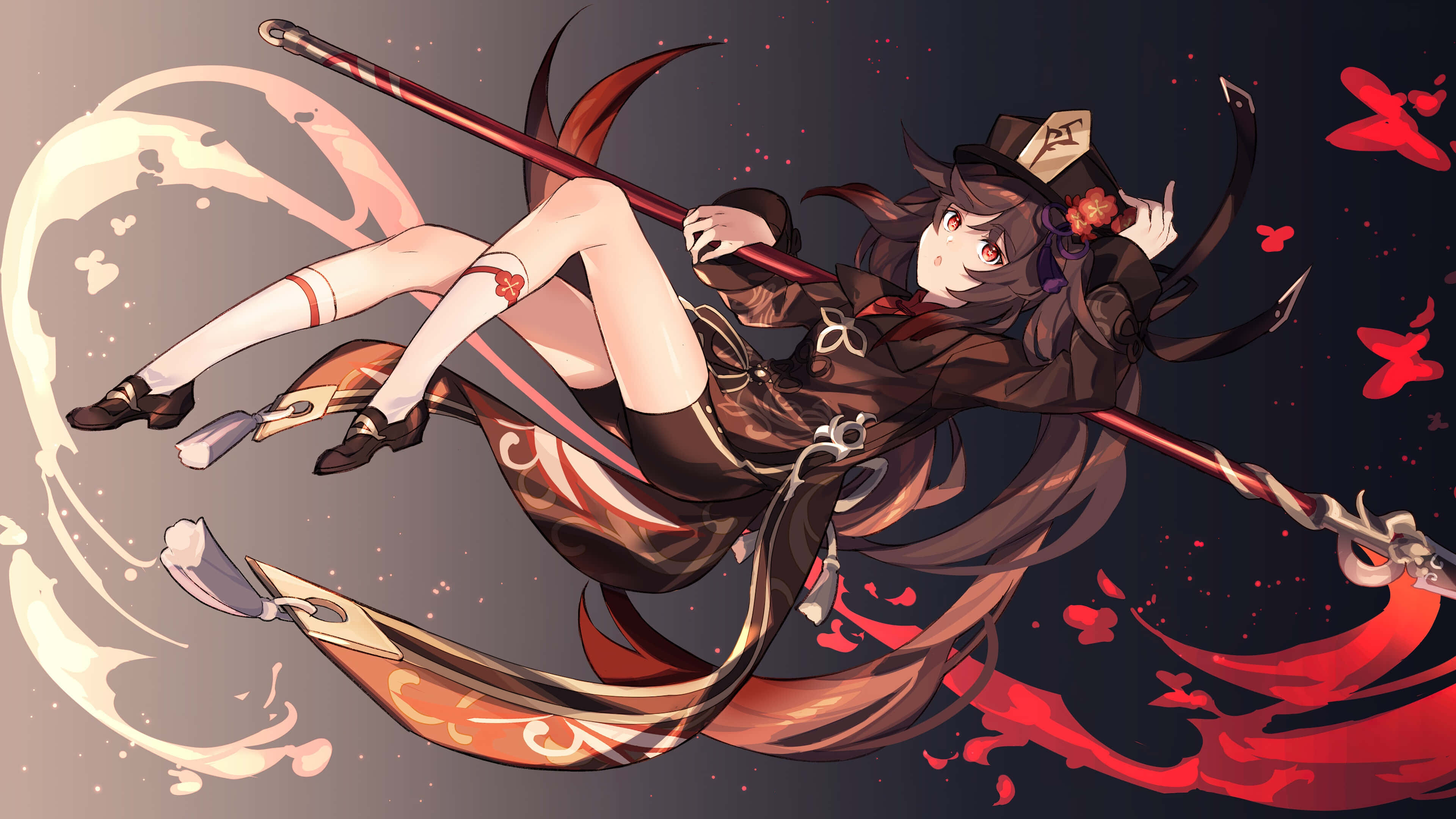 Hu TAO, long dark hair, red eyes, 4K Desktop Wallpaper