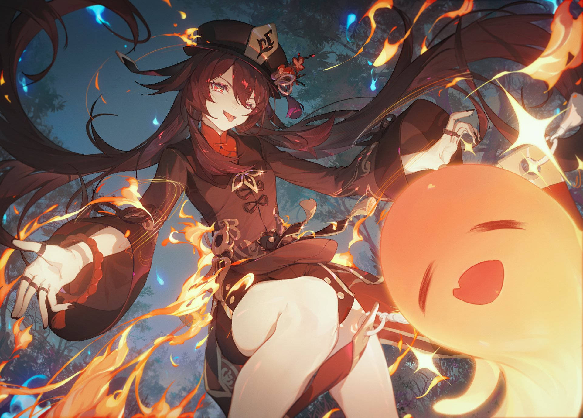 Hu TAO, fiery anime girl, long dark hair, Full HD Desktop Wallpaper