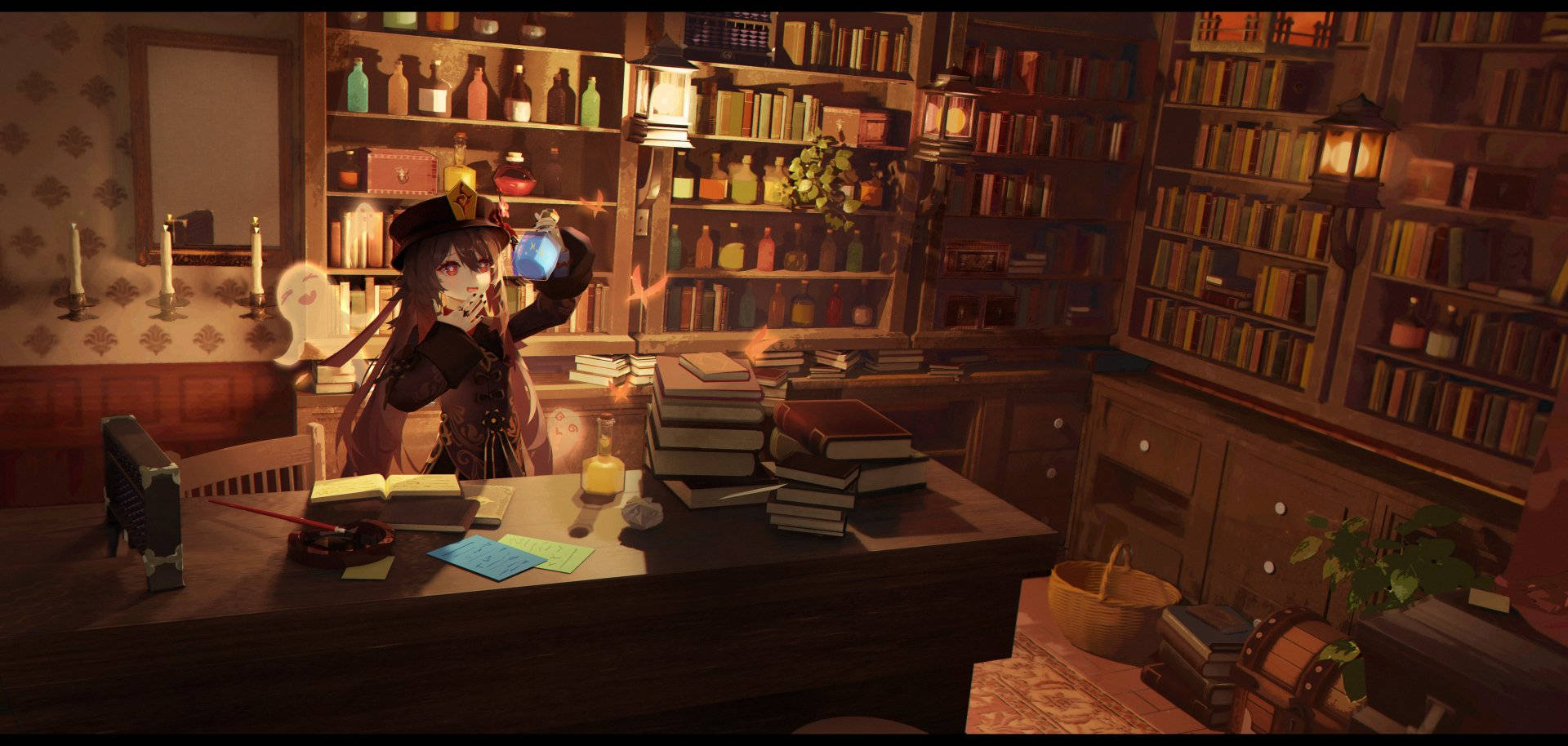 Hu TAO, study room, witch's hat, Full HD Desktop Wallpaper