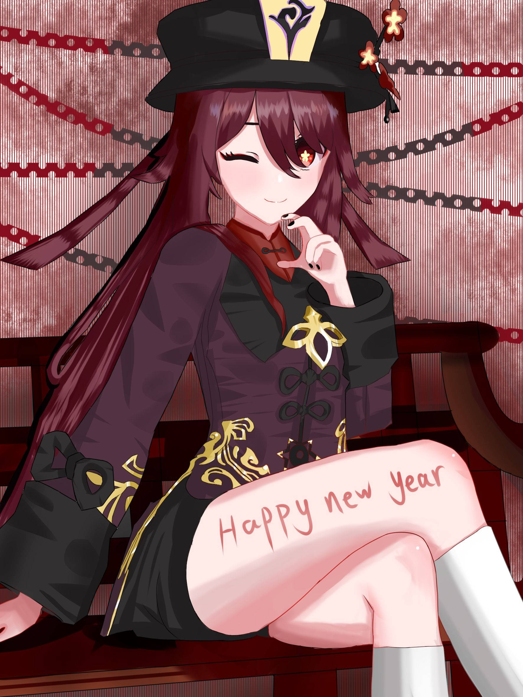 Hu Tao, Happy New Year, black and gold outfit, Full HD Phone Wallpaper