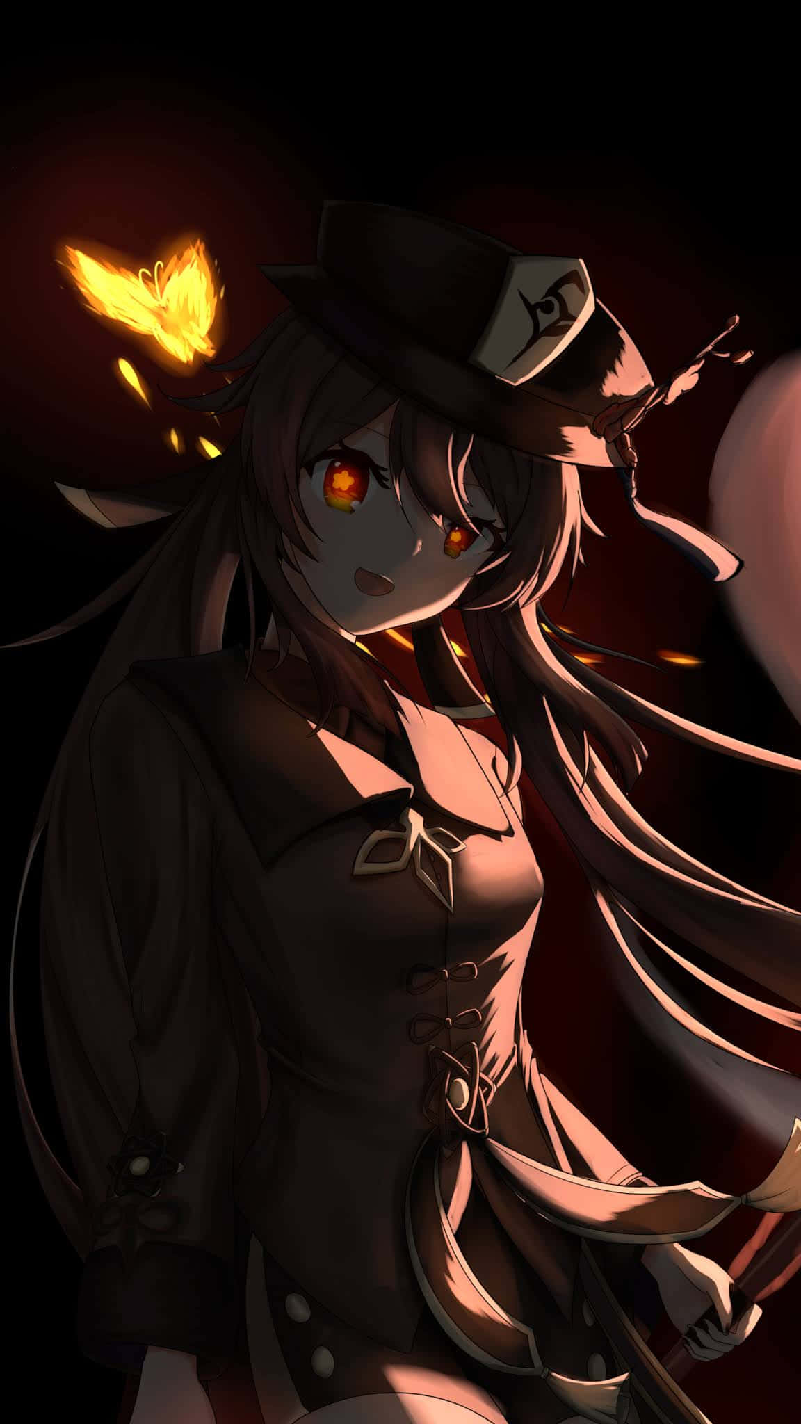 Hu Tao, dark-haired anime girl, glowing orange eyes, Full HD Phone Wallpaper