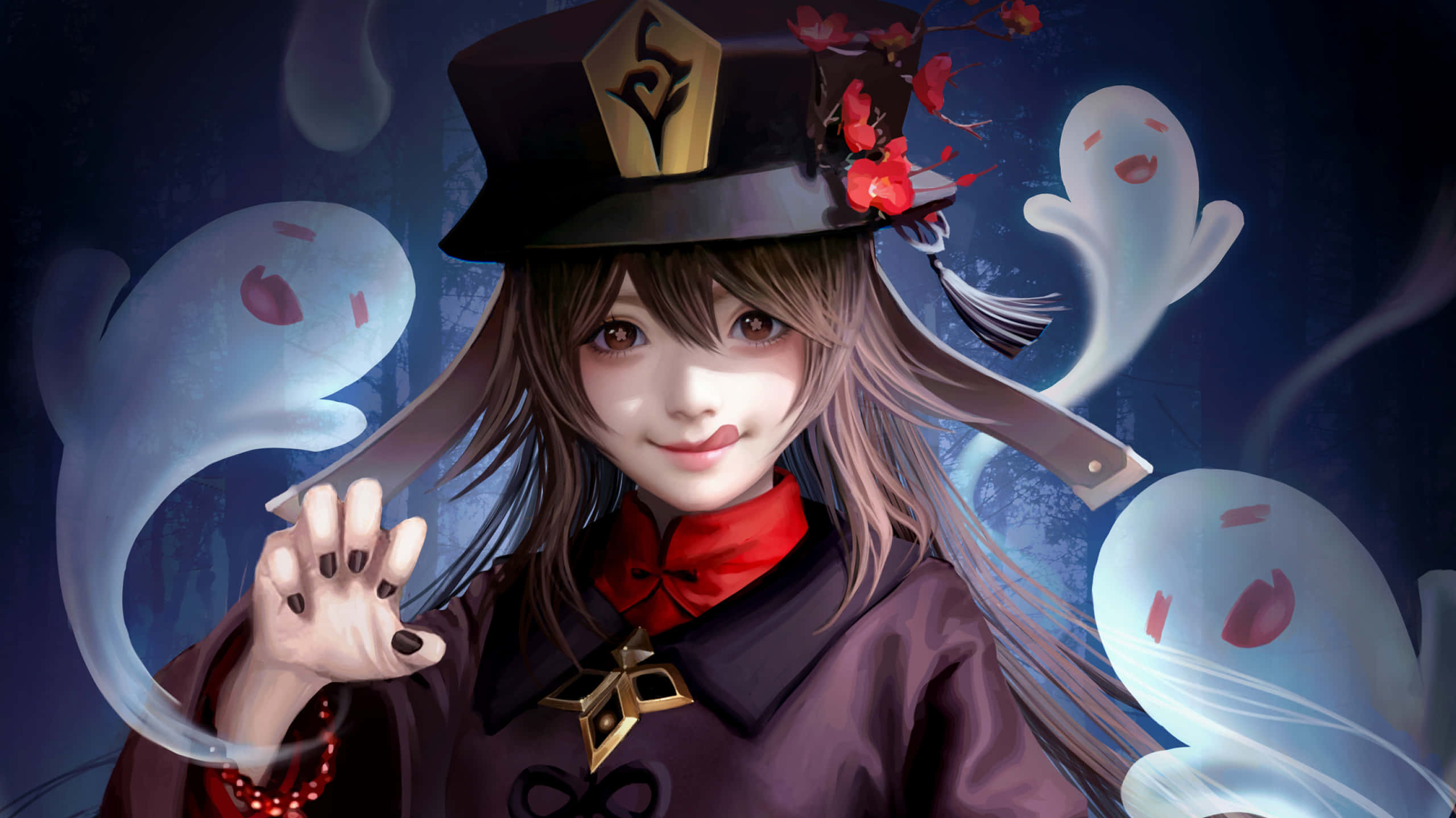 Hu Tao, top hat, red flowers, 2K Desktop Wallpaper
