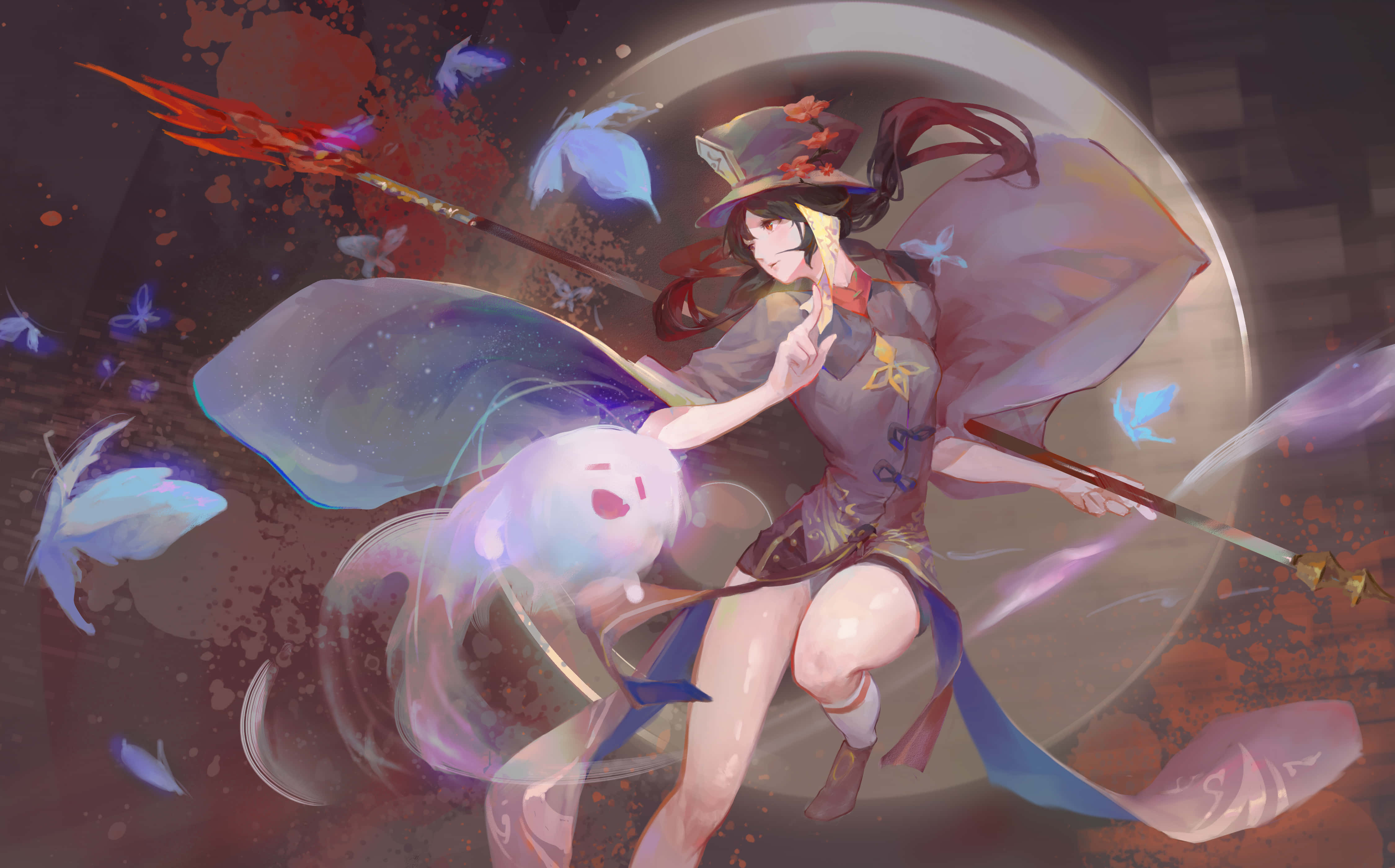 Hu Tao, purple outfit, glowing spear, 4K Desktop Wallpaper