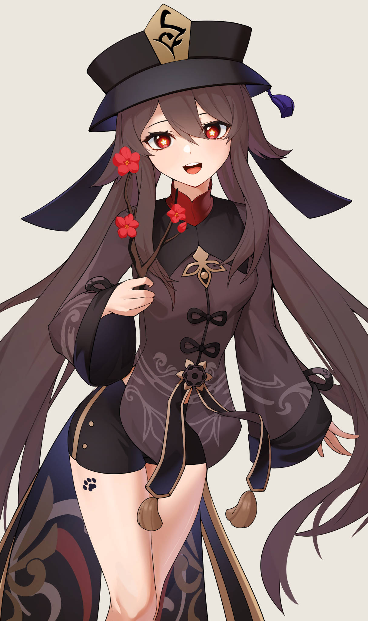 Hu Tao, red flowers, long dark hair, Full HD Phone Wallpaper