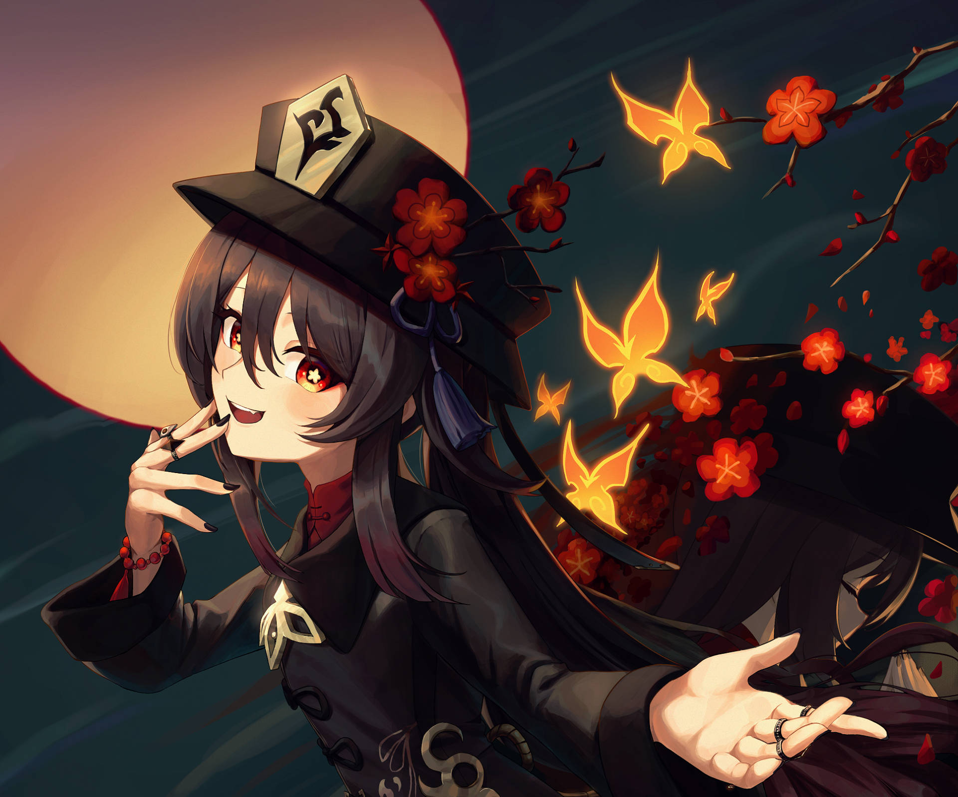 Hu TAO, moon and butterflies, black witch hat, Full HD Desktop Wallpaper