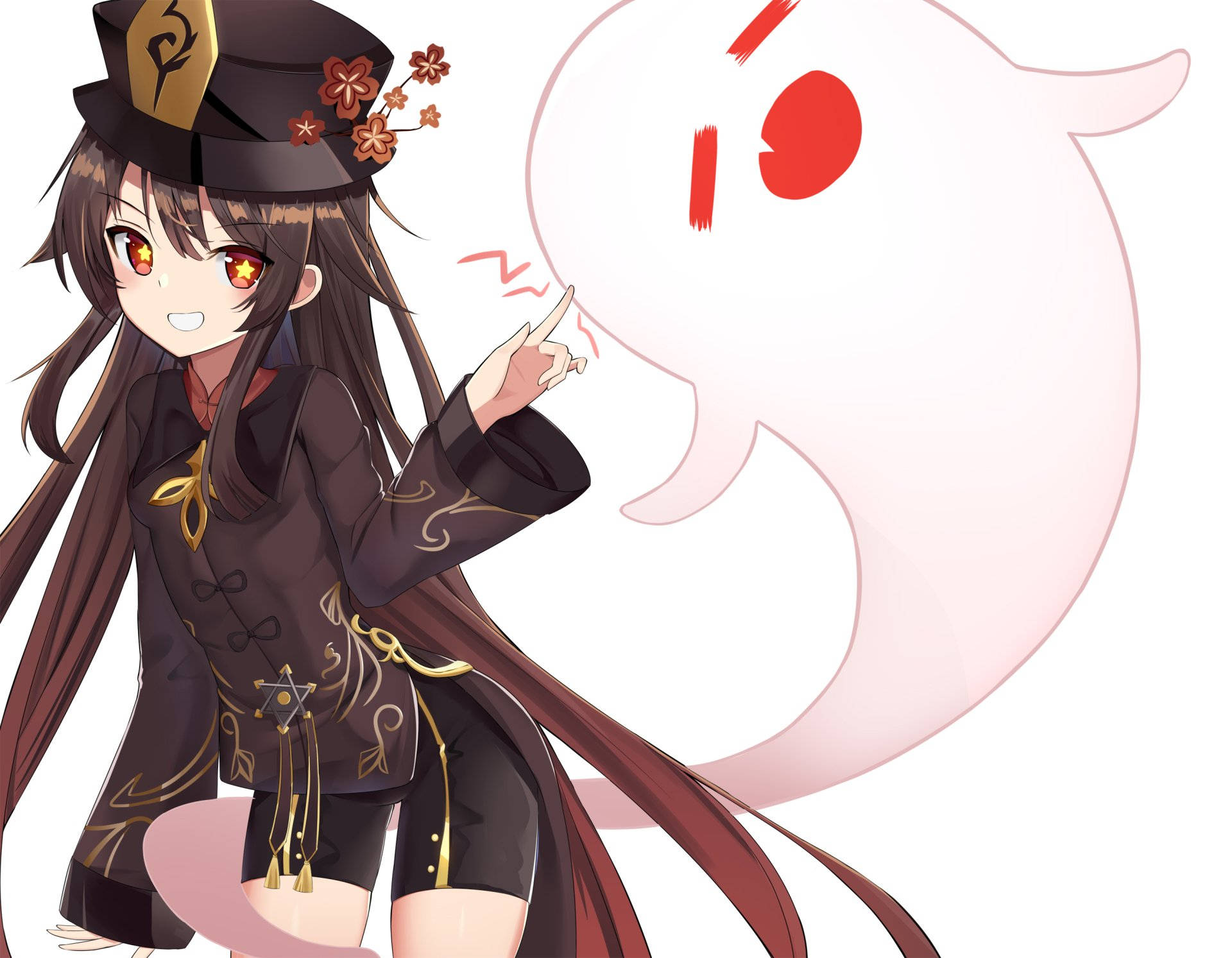 Hu TAO, black and gold outfit, pink ghost, Full HD Desktop Wallpaper