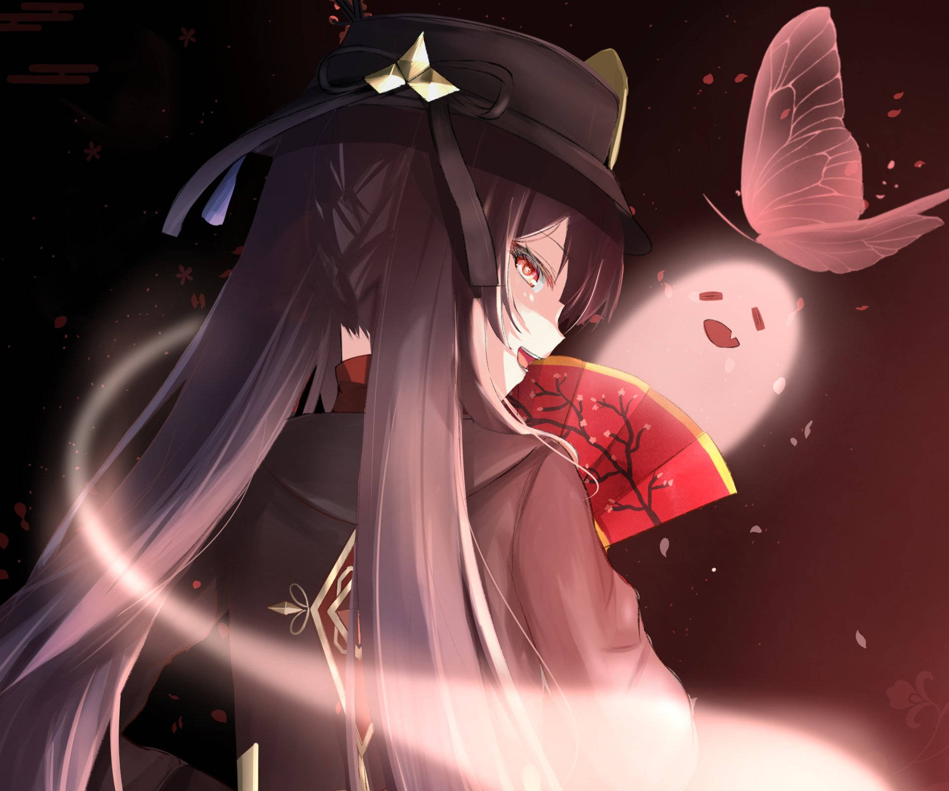 Hu Tao, black hat, red fan, Full HD Desktop Wallpaper