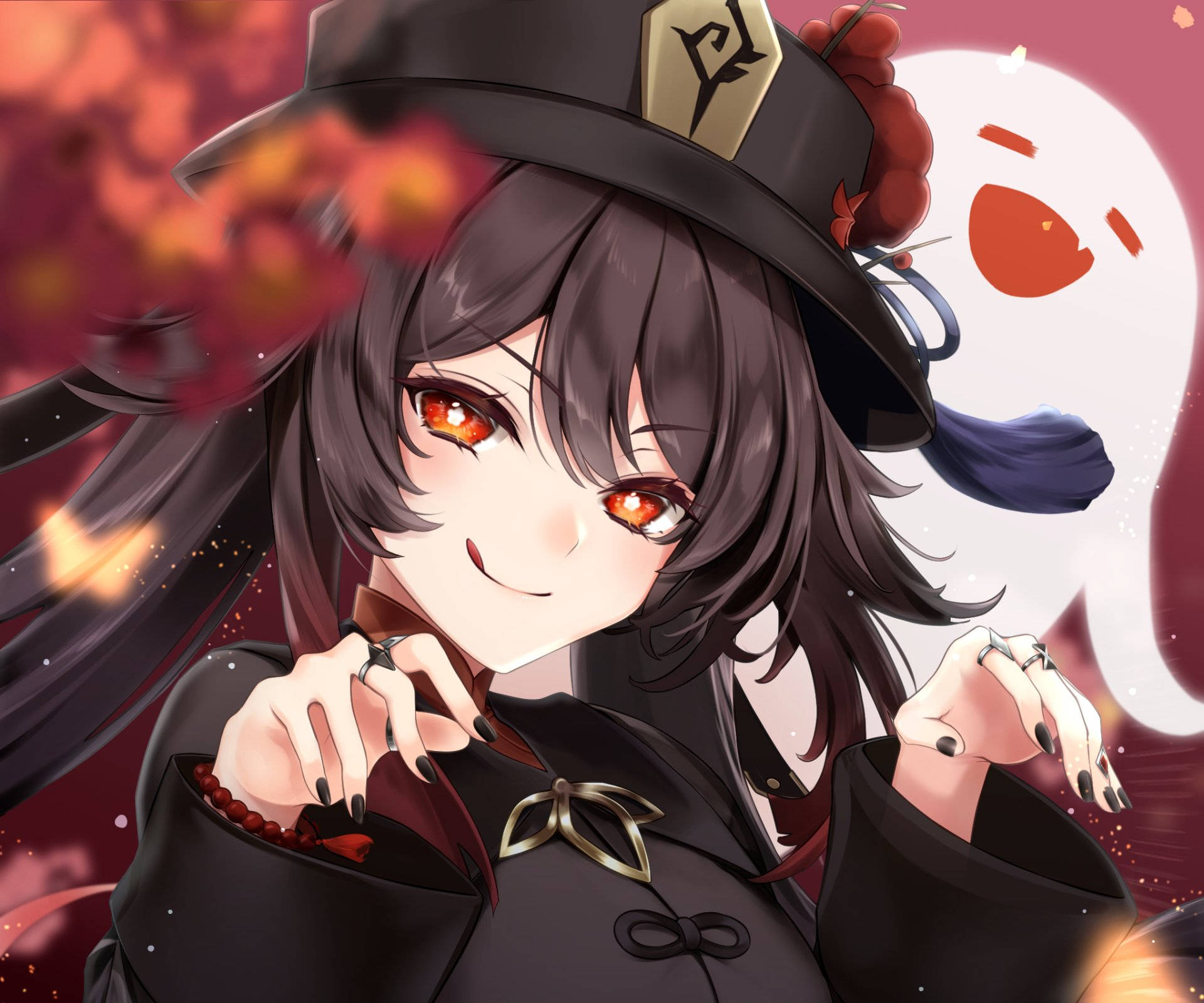 Hu Tao, ghostly figure, fiery red eyes, Full HD Desktop Wallpaper
