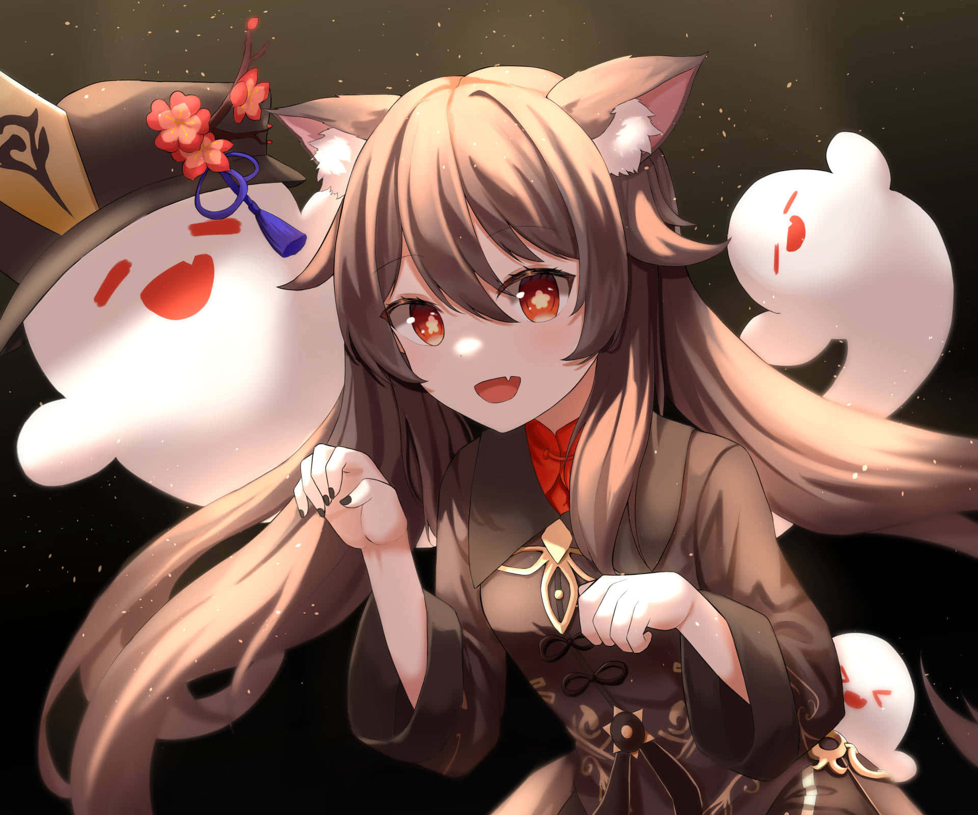 Hu TAO, cat ears, long hair, Full HD Desktop Wallpaper