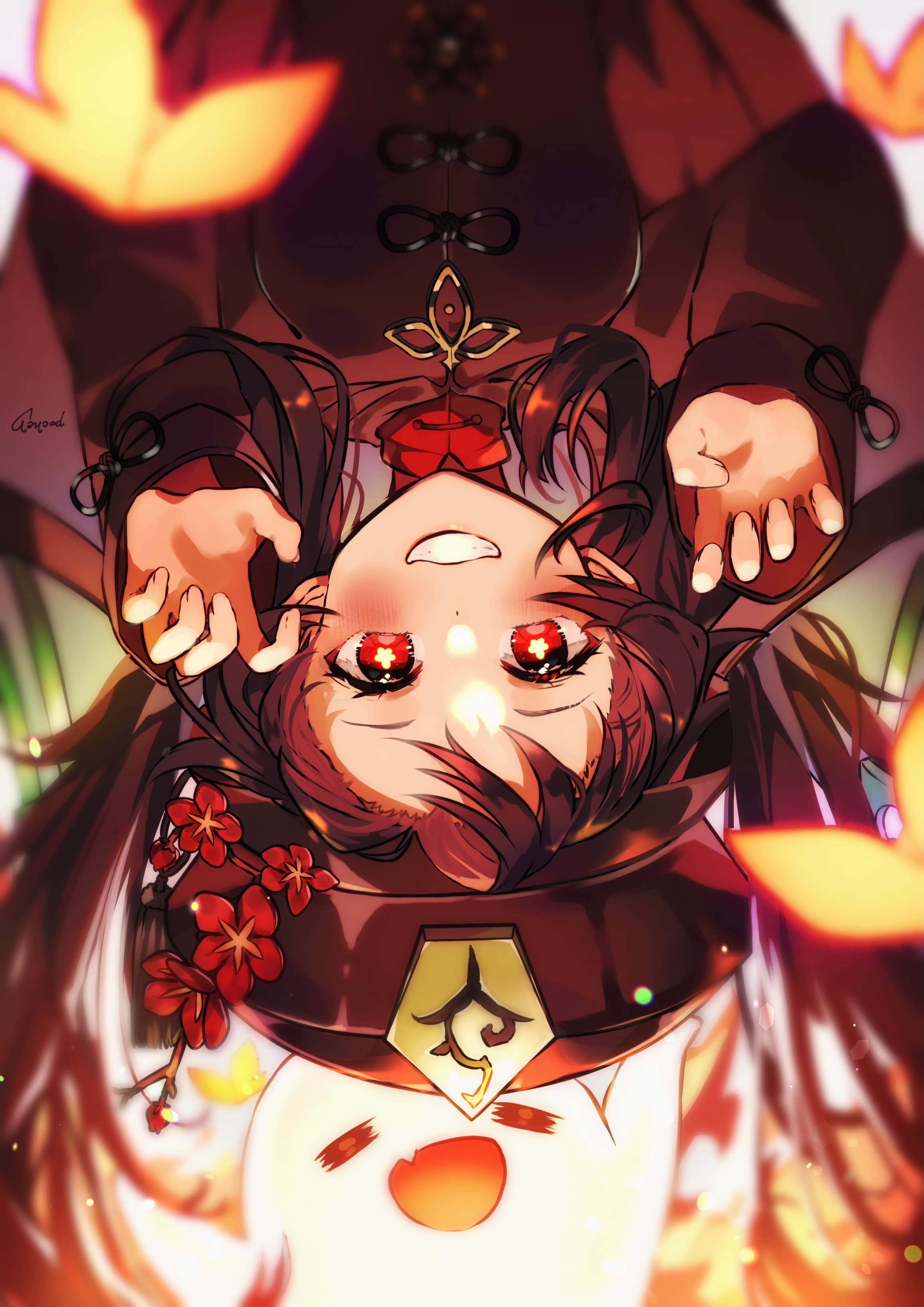 Hu Tao, red eyes, fiery orange hair, 2K Phone Wallpaper
