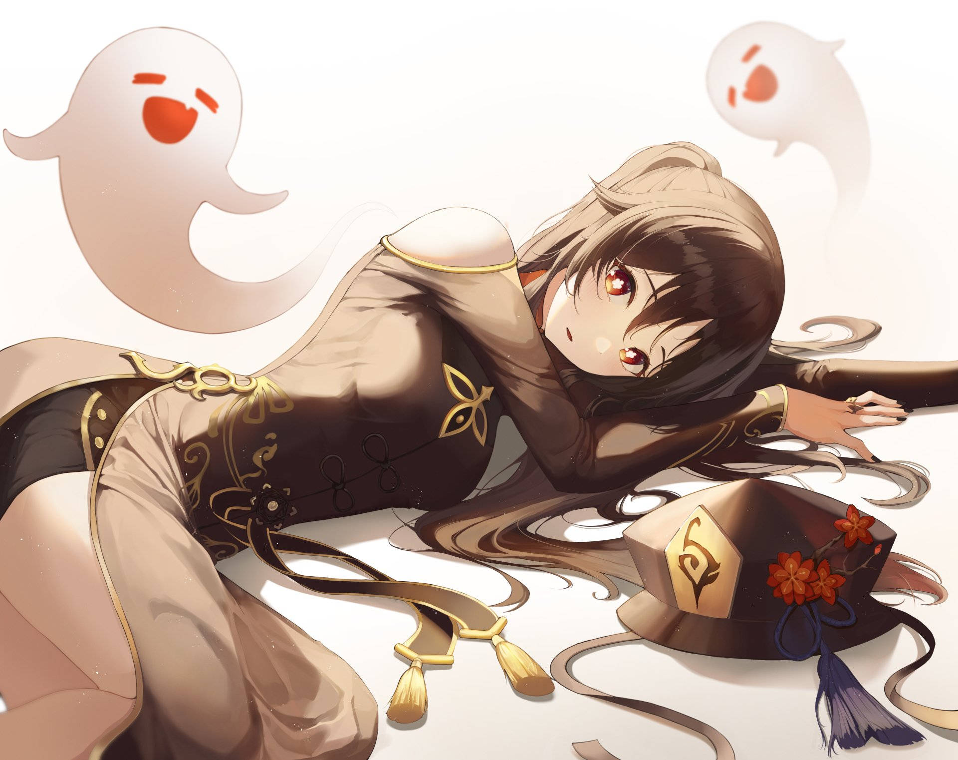 Hu TAO, brown outfit, white floor, Full HD Desktop Wallpaper