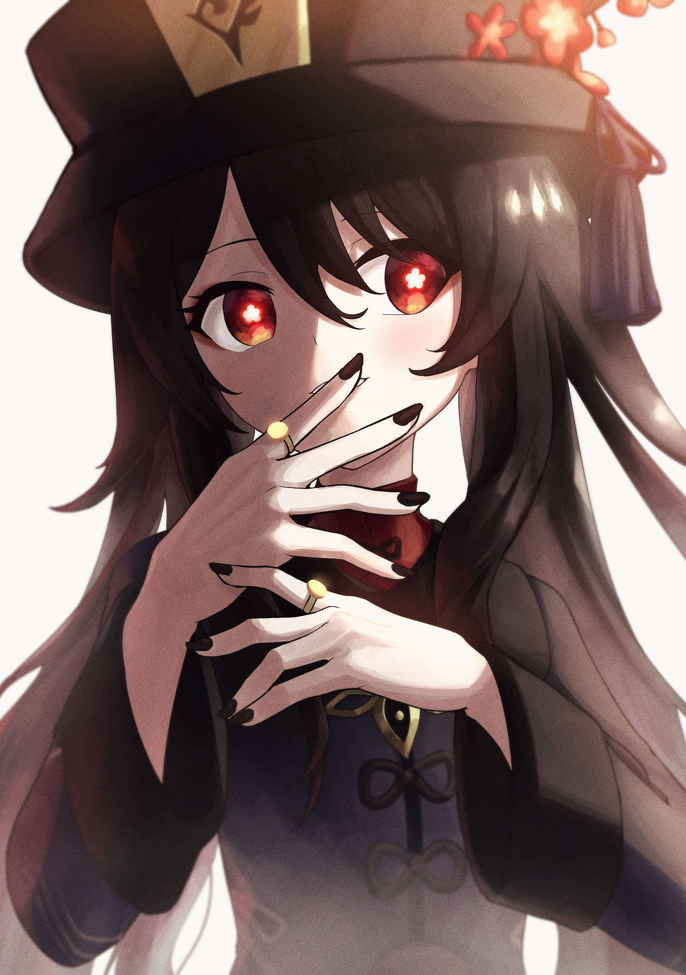 Hu Tao, dark-haired anime girl, glowing red eyes, Full HD Phone Wallpaper