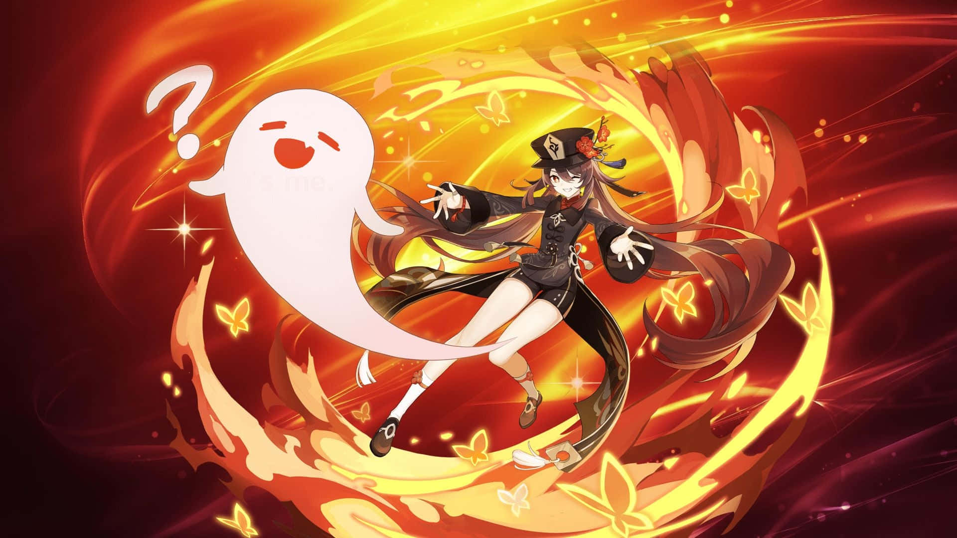 Hu tao, witch outfit, glowing ghost, Full HD Desktop Wallpaper
