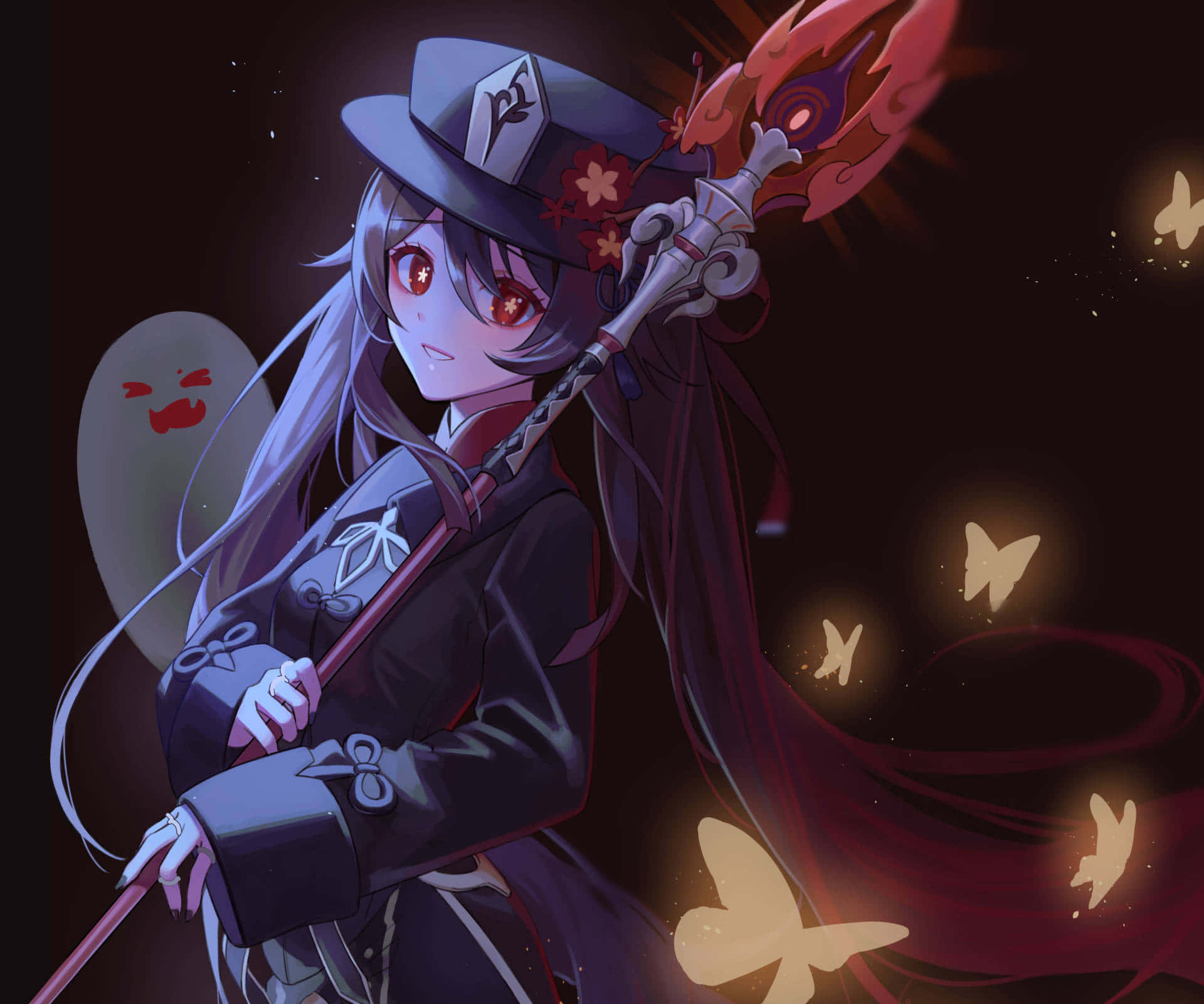 Hu Tao, top hat, glowing staff, Full HD Desktop Wallpaper