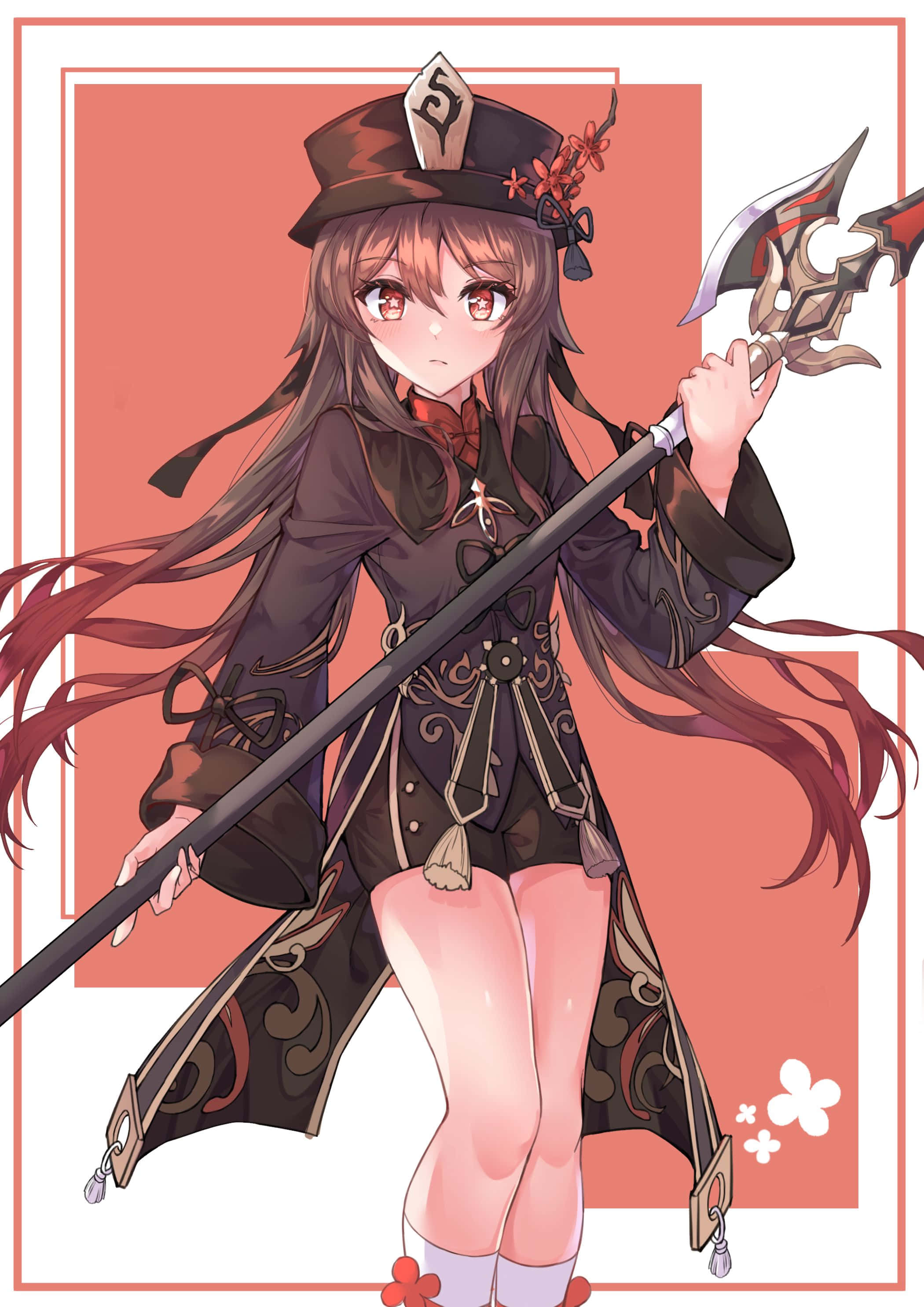 Hu Tao, spear pose, large ornate axe, 2K Phone Wallpaper