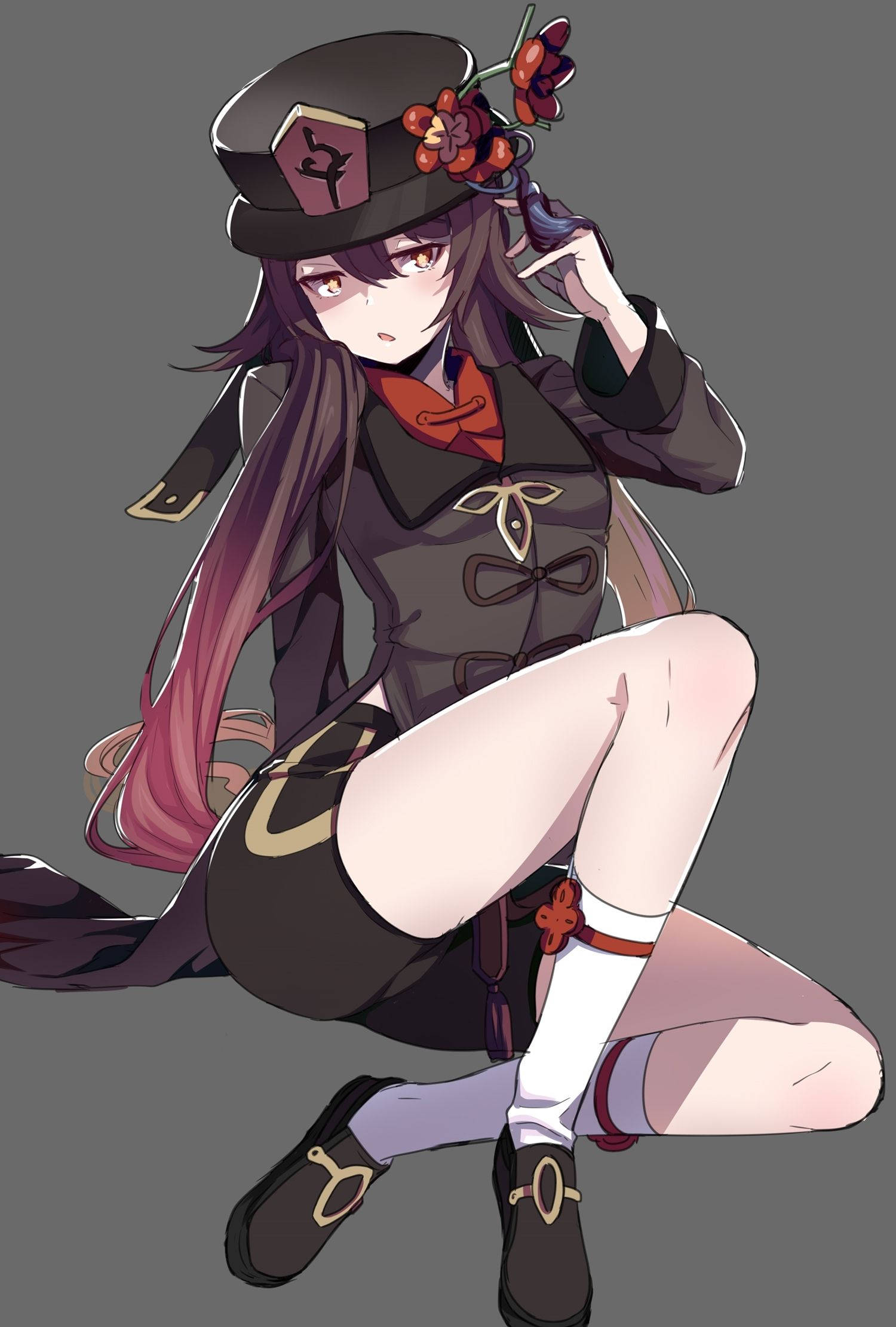 Hu Tao, long purple hair, black hat, Full HD Phone Wallpaper
