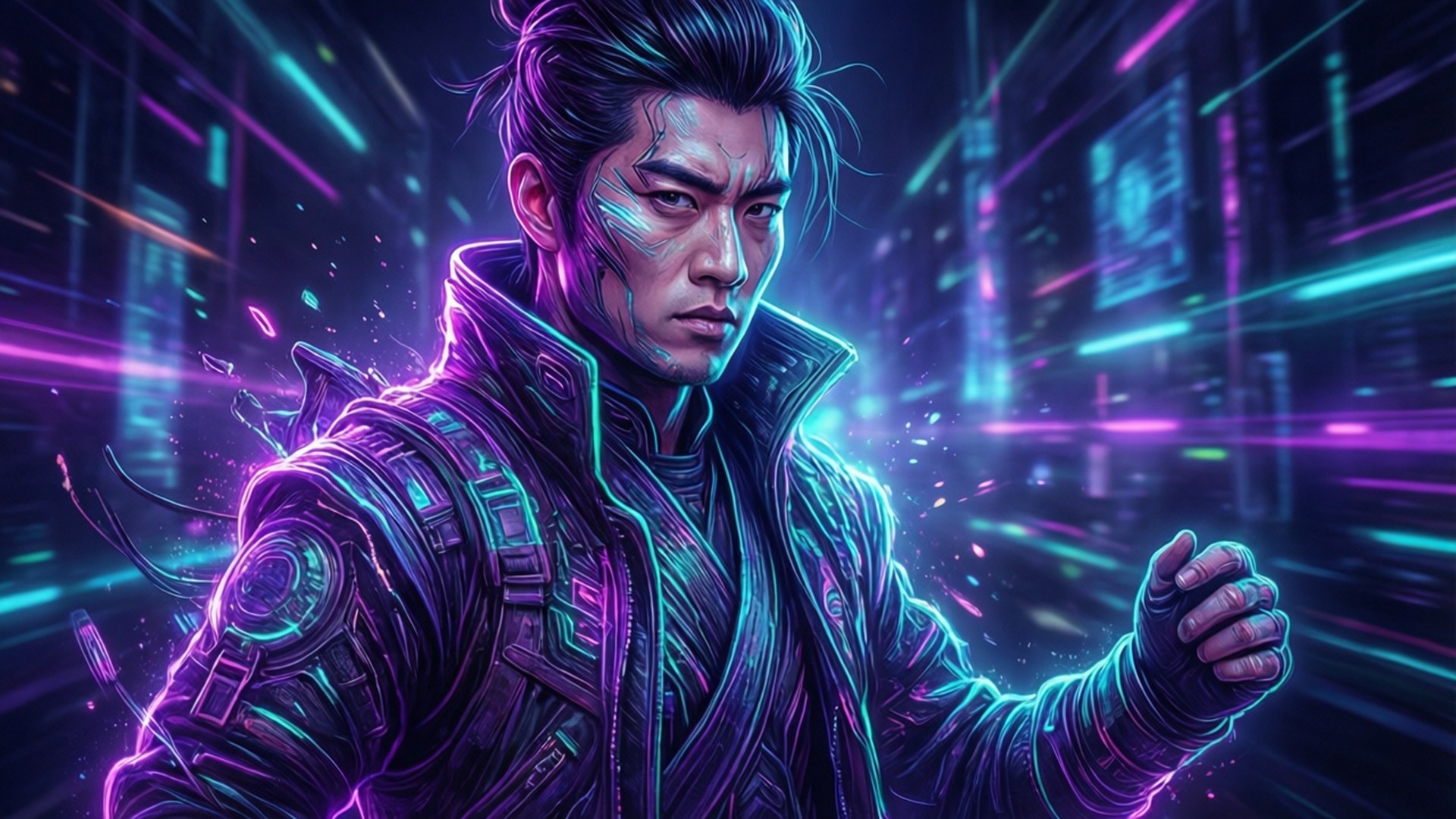 Neon Hu Tao, cyberpunk warrior, glowing neon armor, Full HD Desktop Wallpaper