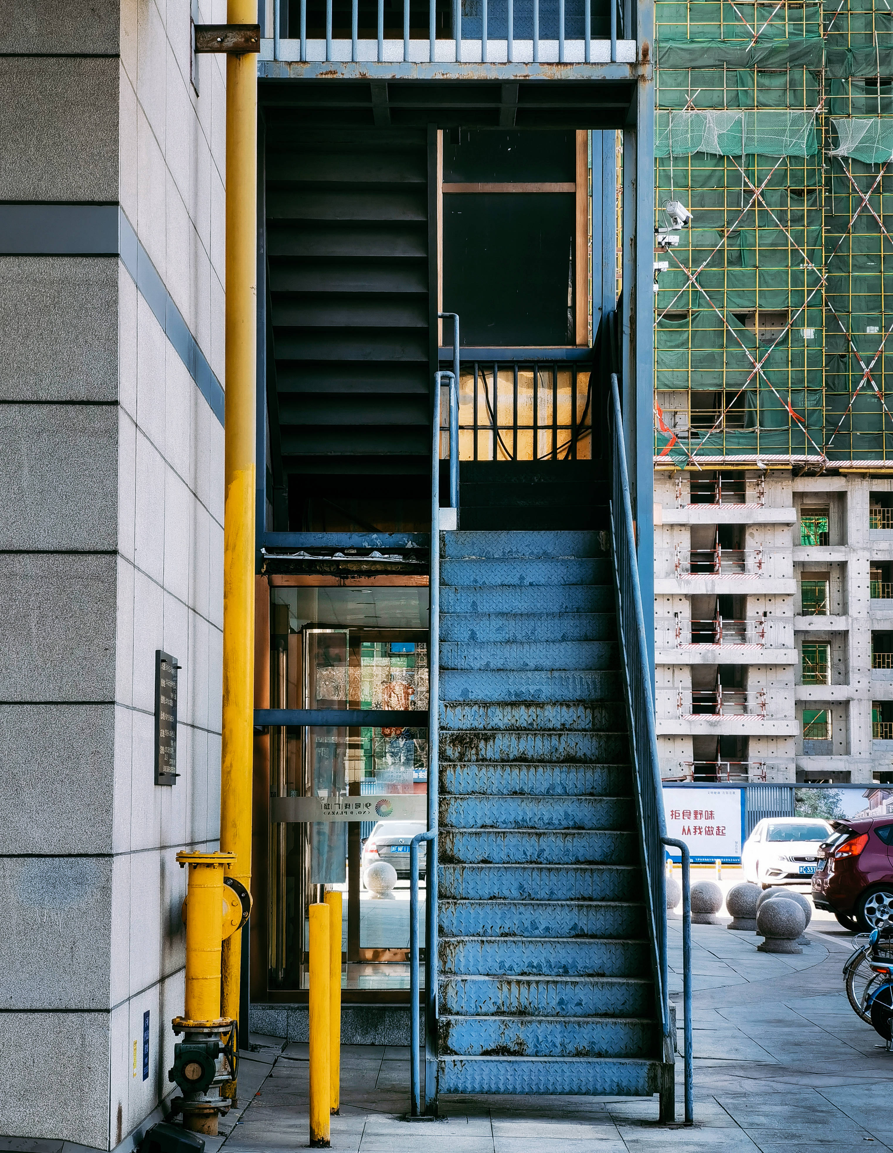Huawei Honor, steel stair, blue metal staircase, 4K Phone Wallpaper