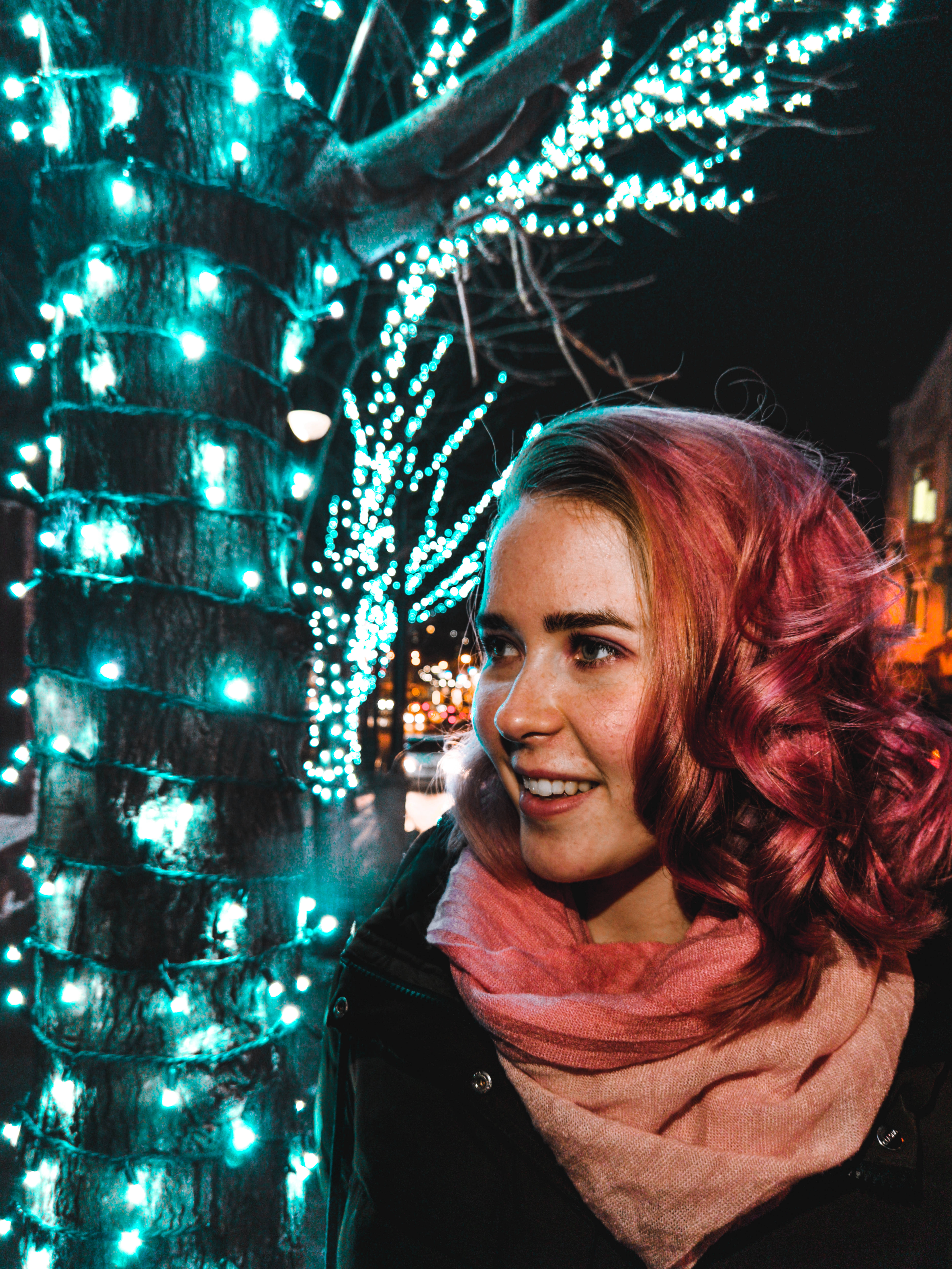 Huawei Honor, red hair, bright teal fairy lights, 5K Phone Wallpaper