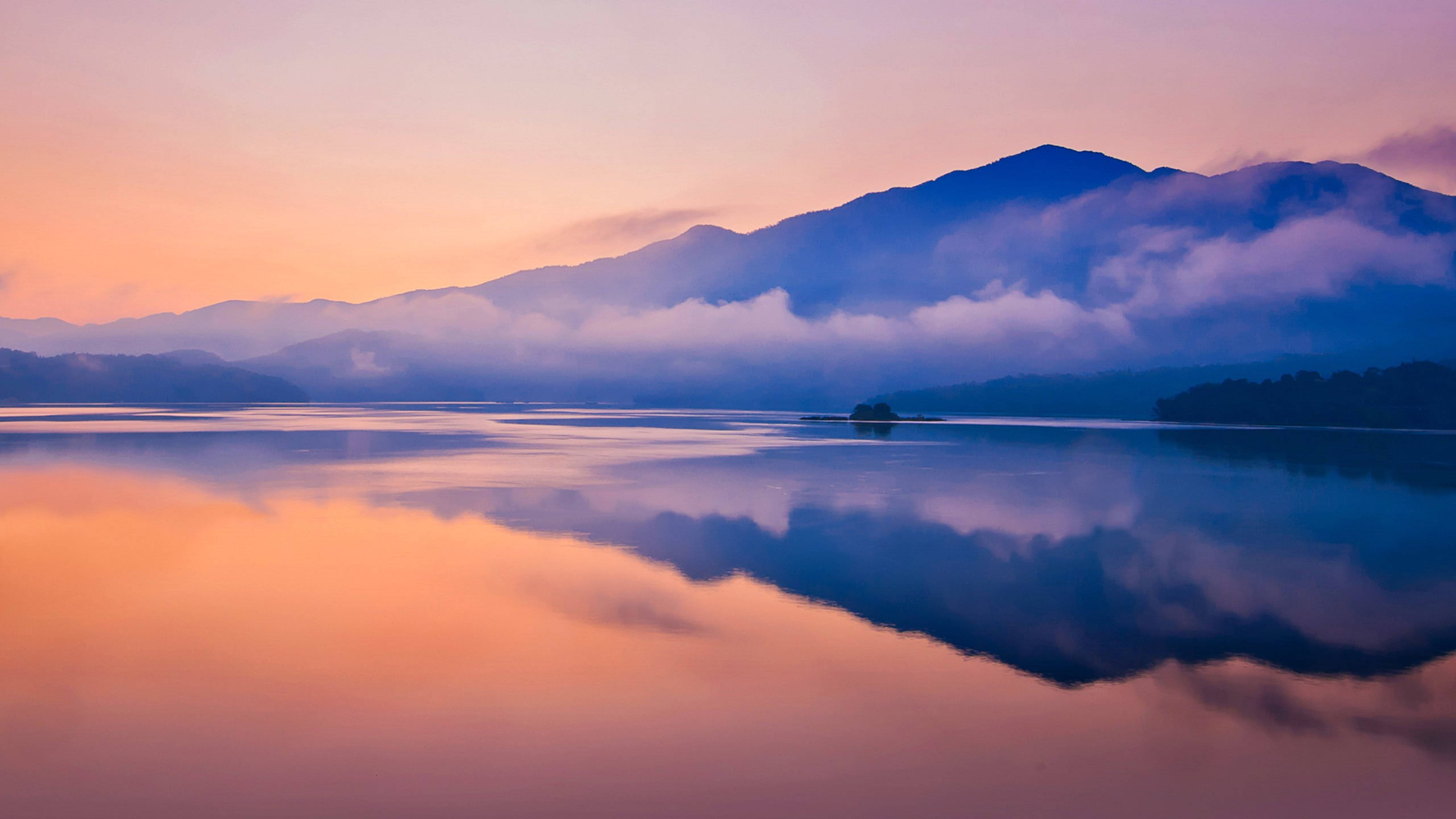 Huawei, Aesthetic Lake, misty mountains, 5K Desktop Wallpaper