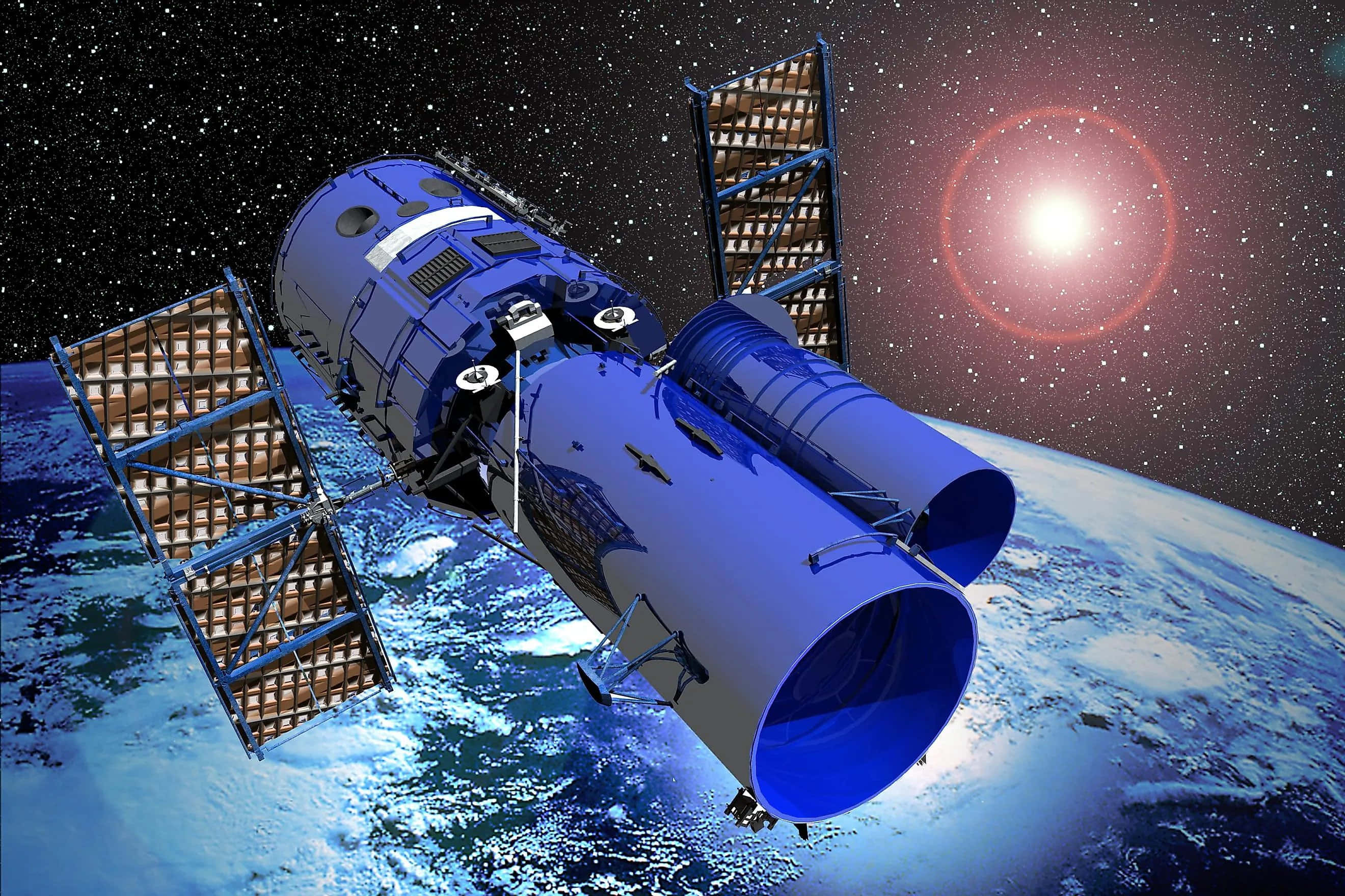 Hubble Space Telescope, blue space telescope, solar panels, 2K Desktop Wallpaper