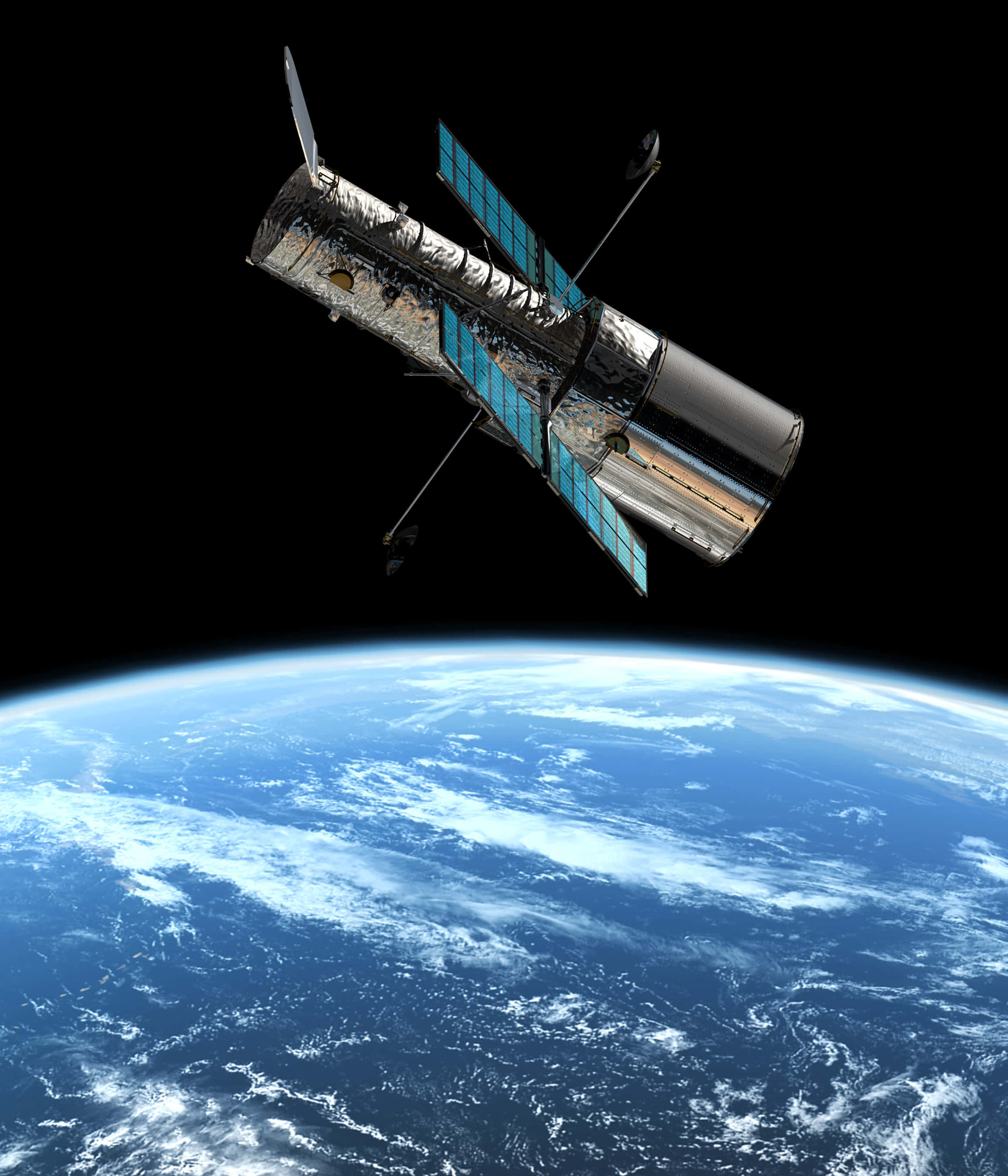 Hubble Space Telescope, black sky, blue oceans, 2K Phone Wallpaper