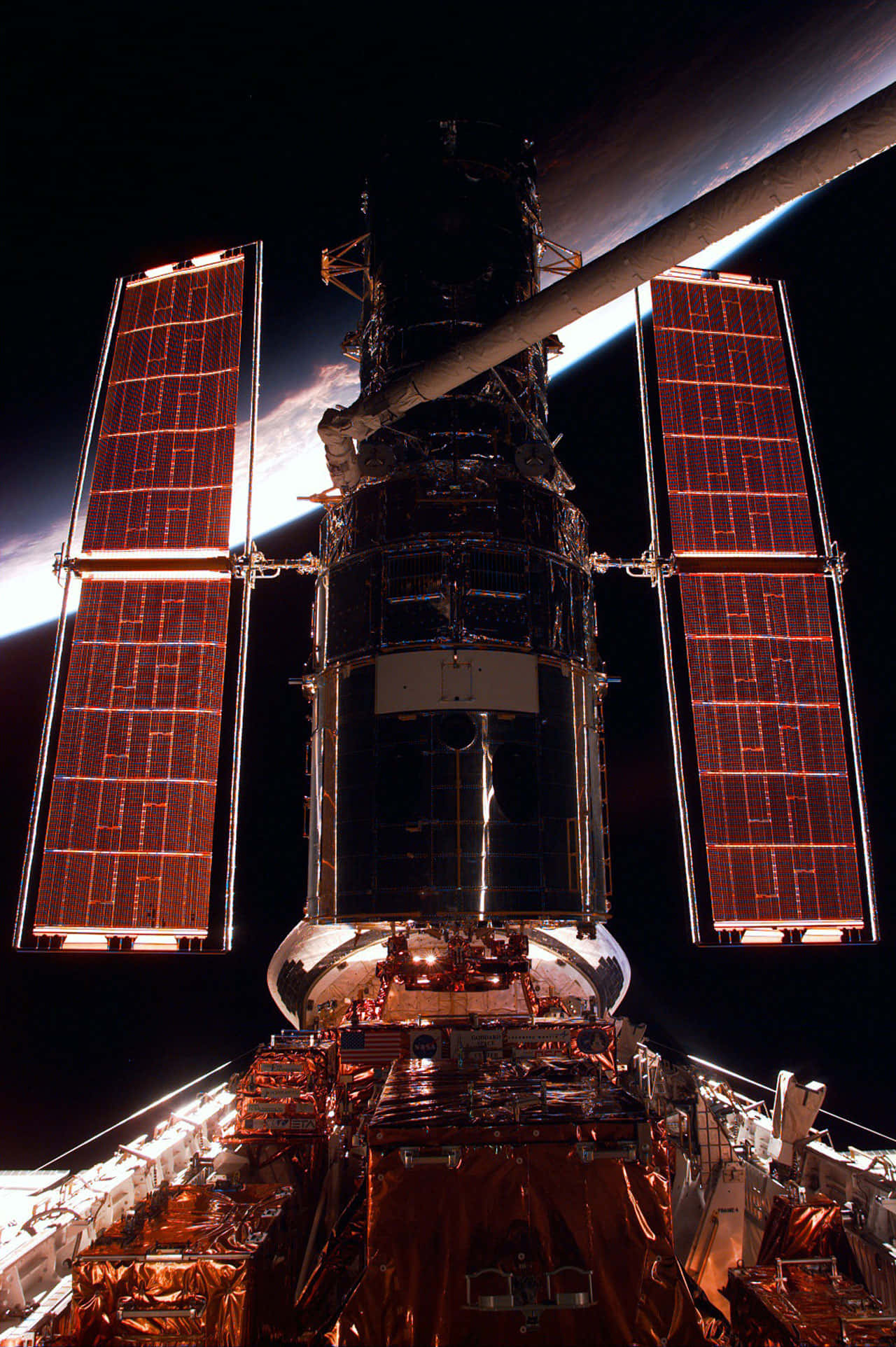 Hubble Space Telescope, warm orange solar panels, stark blackness of space, Full HD Phone Wallpaper