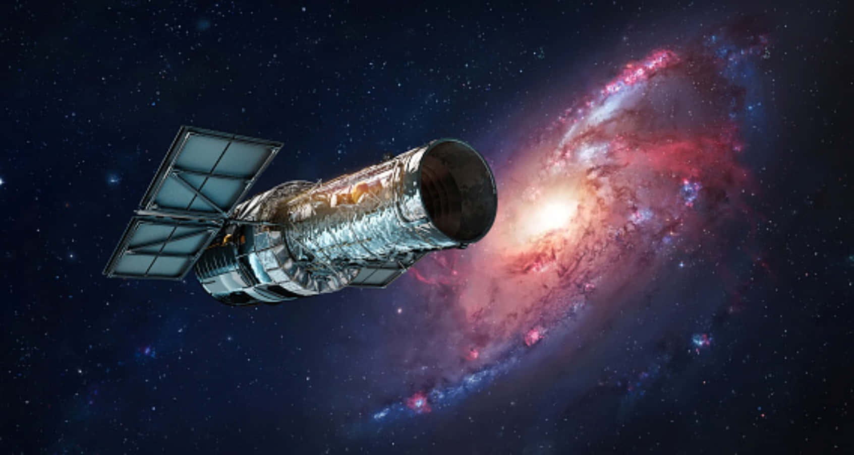 Hubble Space Telescope, vibrant spiral galaxy, reds and blues, HD Desktop Wallpaper