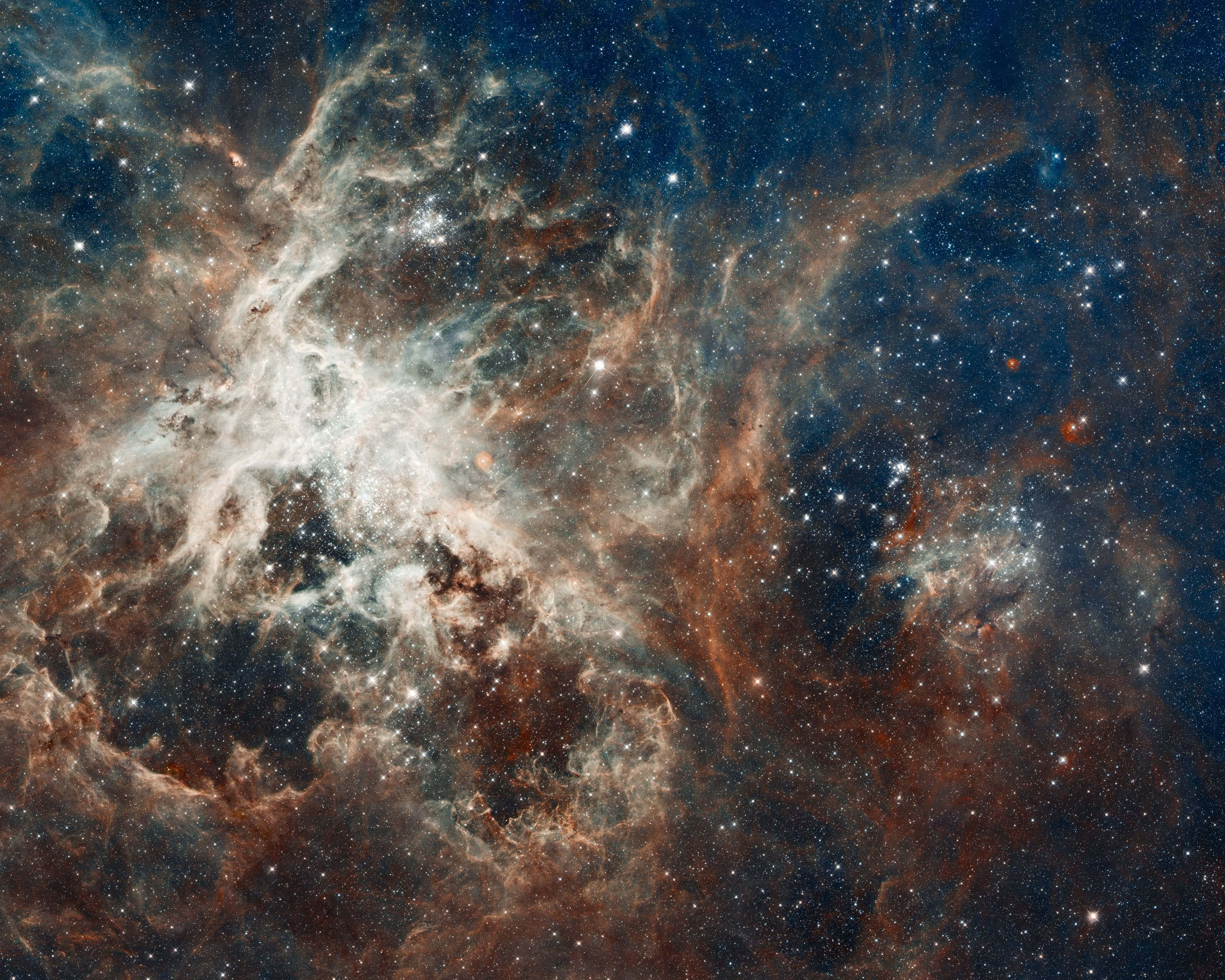 Hubble Telescope, cosmic nebula, glowing orange and white gas clouds, 4K Desktop Wallpaper