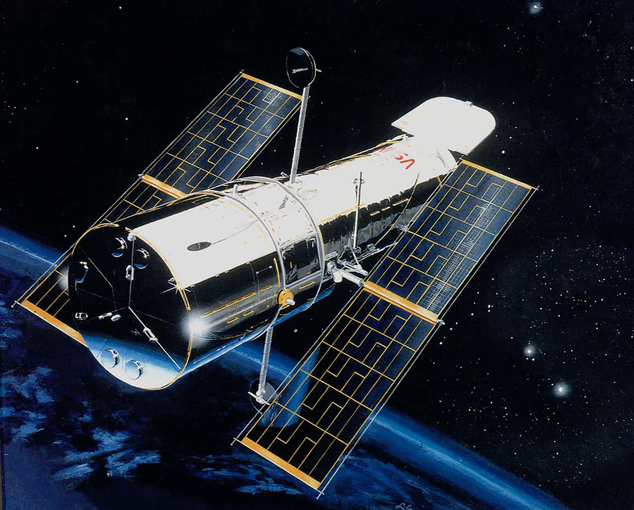 Hubble Space Telescope, starry black sky, blue planet, HD Desktop Wallpaper