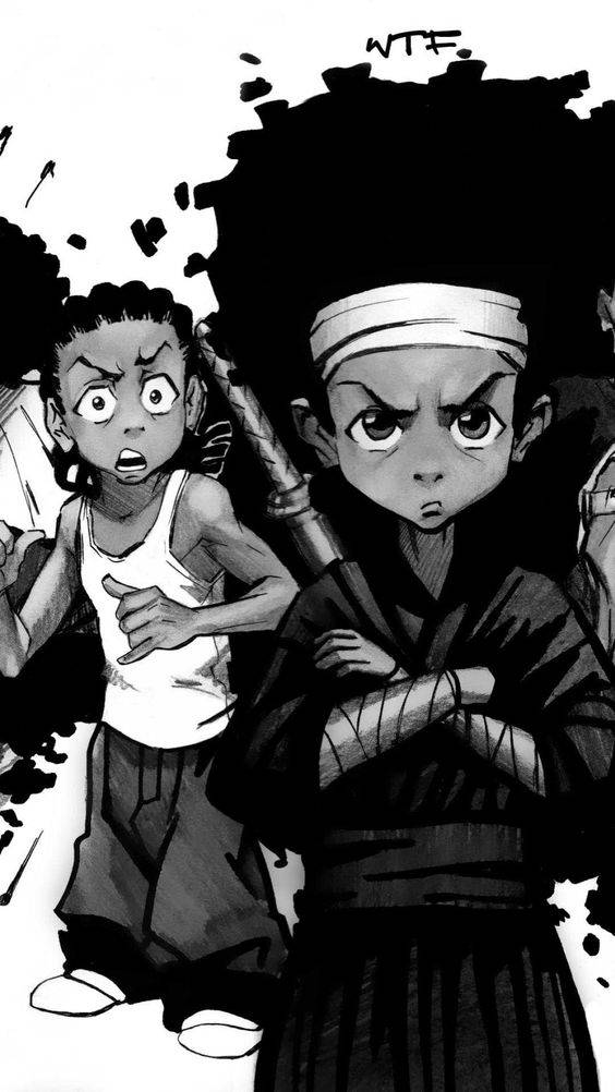 Huey Freeman, black ink splatters, anime kids, SD Phone Wallpaper