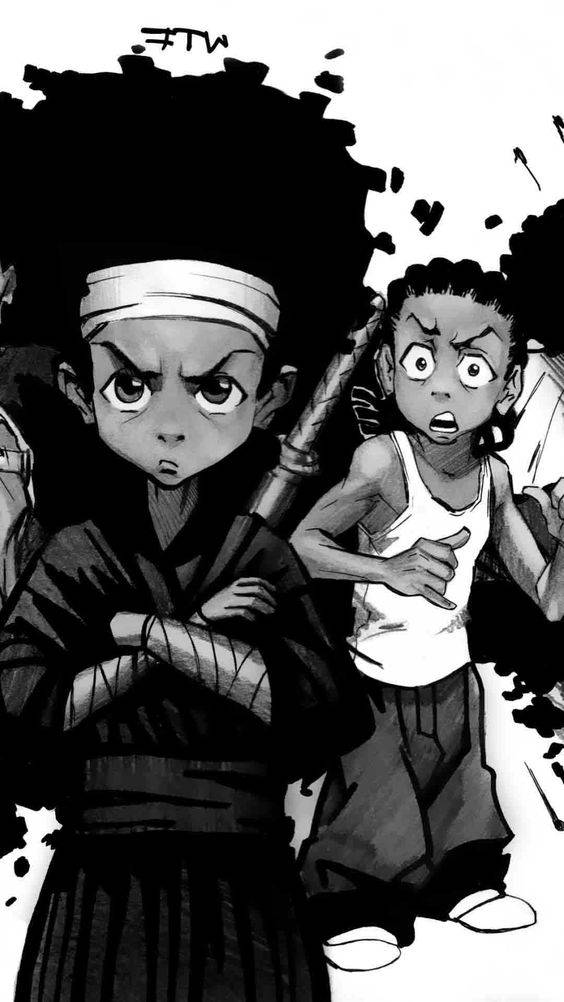 Huey Freeman, samurai, black and white manga style, SD Phone Wallpaper