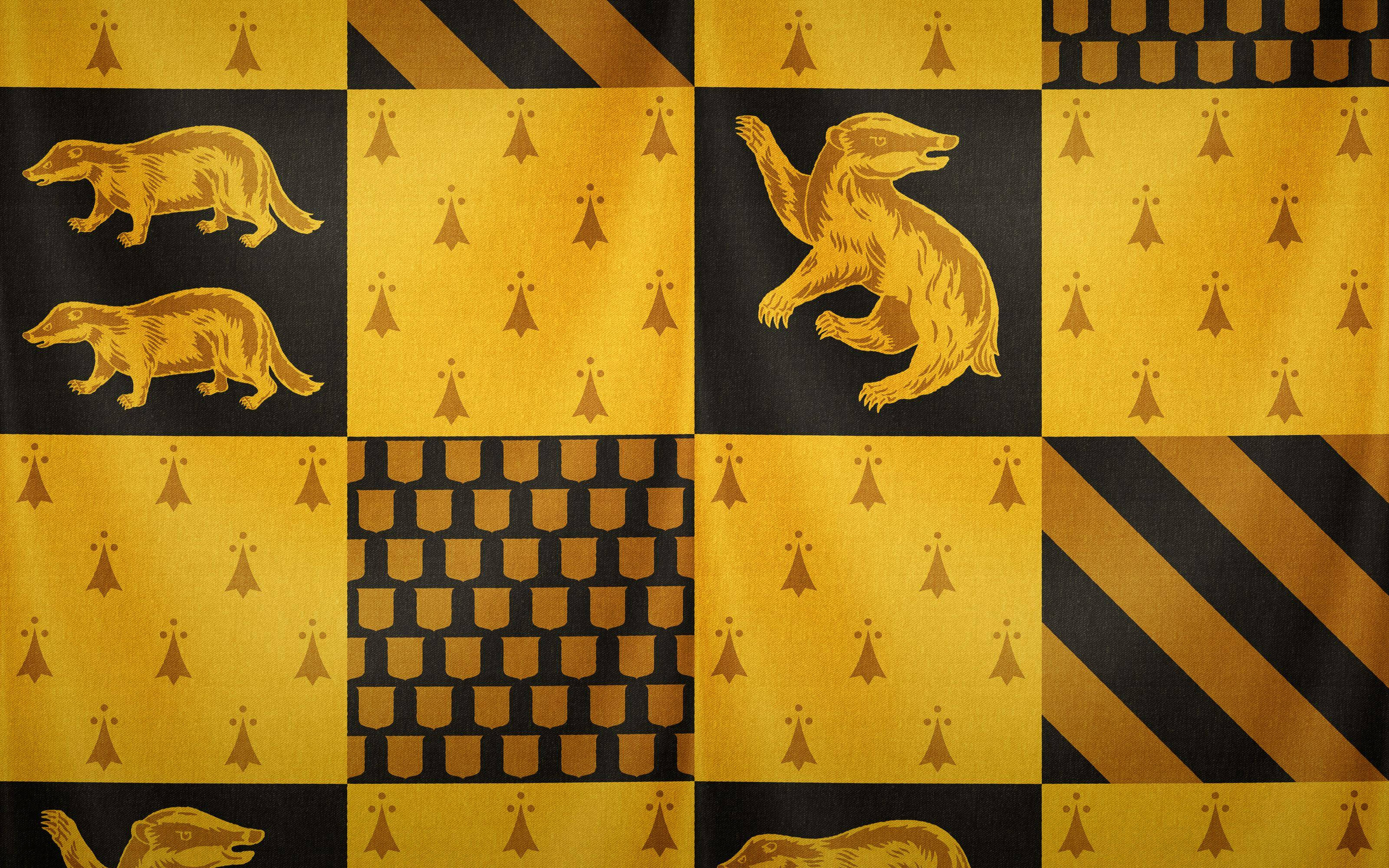 Hufflepuff, golden badgers, black and gold checkered panels, 2K Desktop Wallpaper