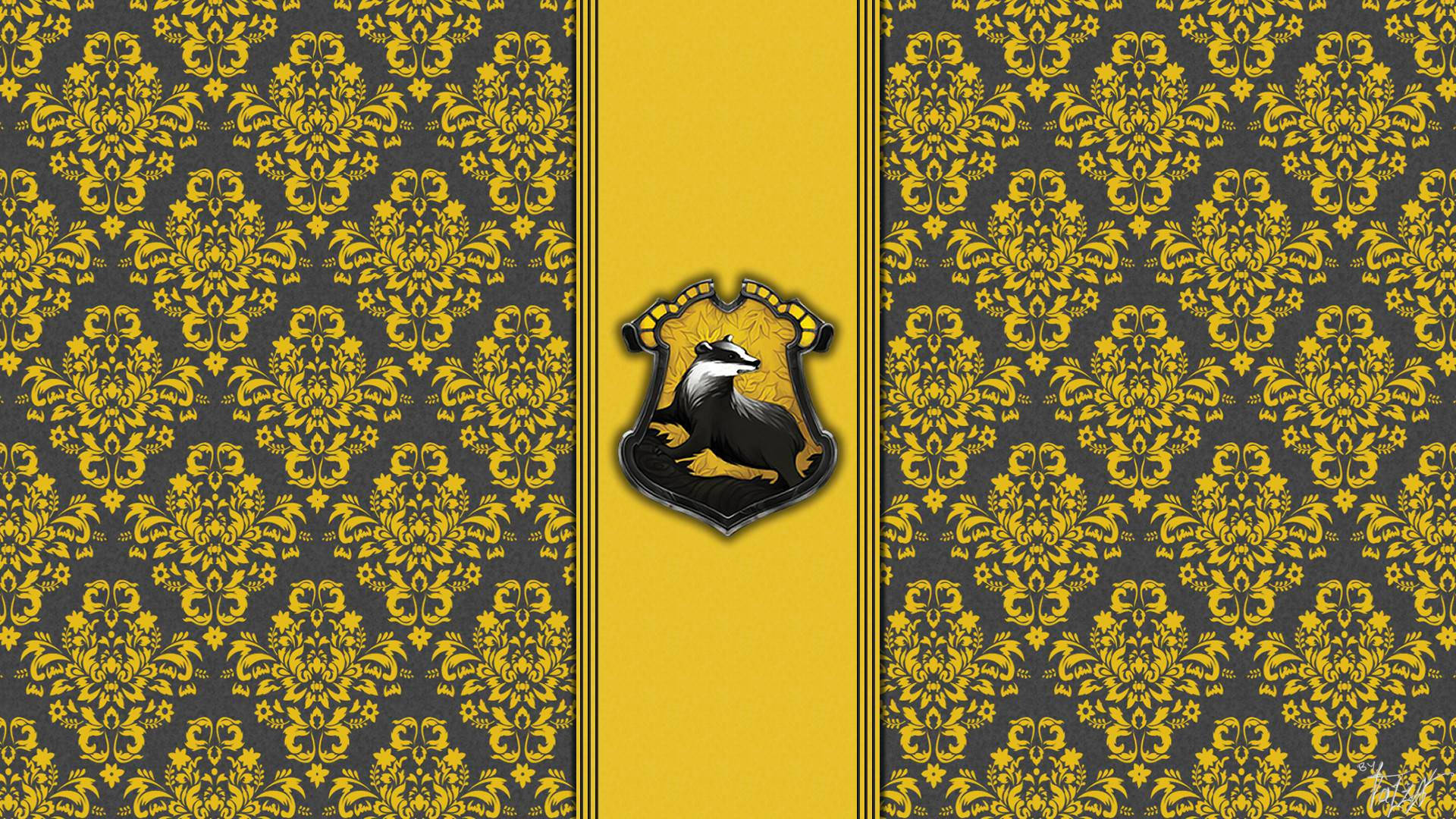 Hufflepuff, badger crest, damask pattern, Full HD Desktop Wallpaper