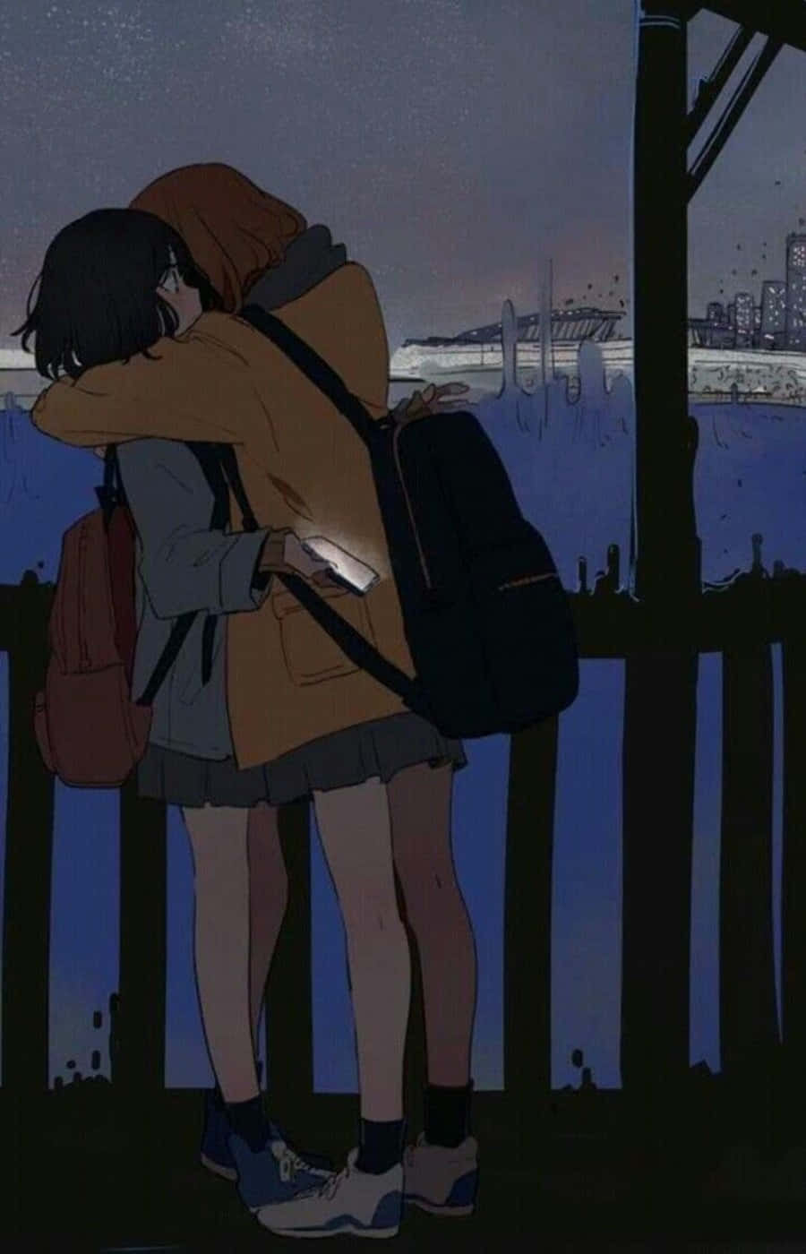 anime girls, hugging, fence, HD Phone Wallpaper