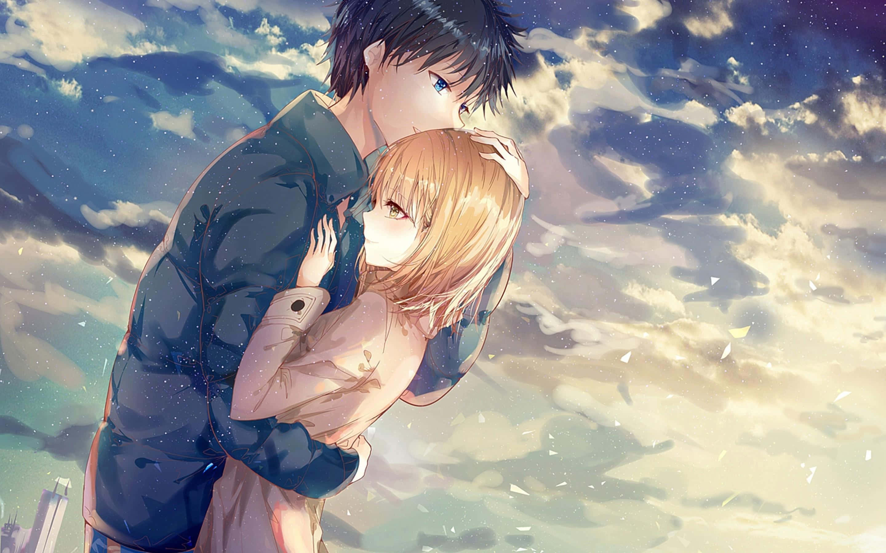 anime couple, embrace, starlit sky, 2K Desktop Wallpaper