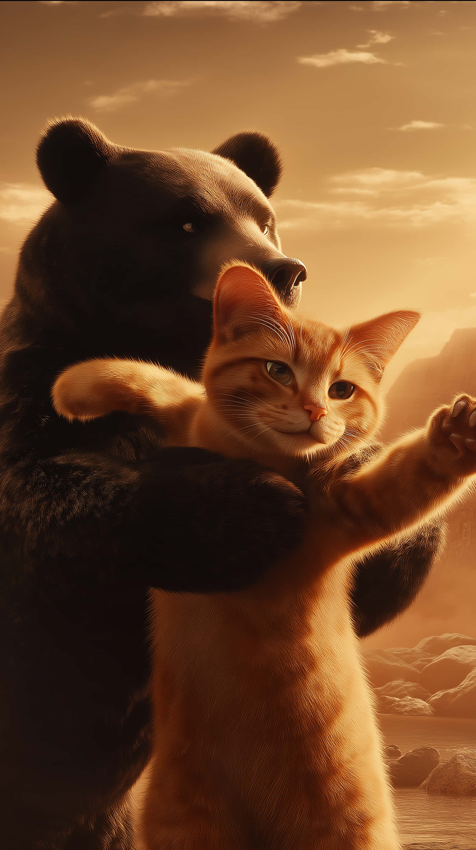 ginger cat, bear, warm desert light, 2K Phone Wallpaper