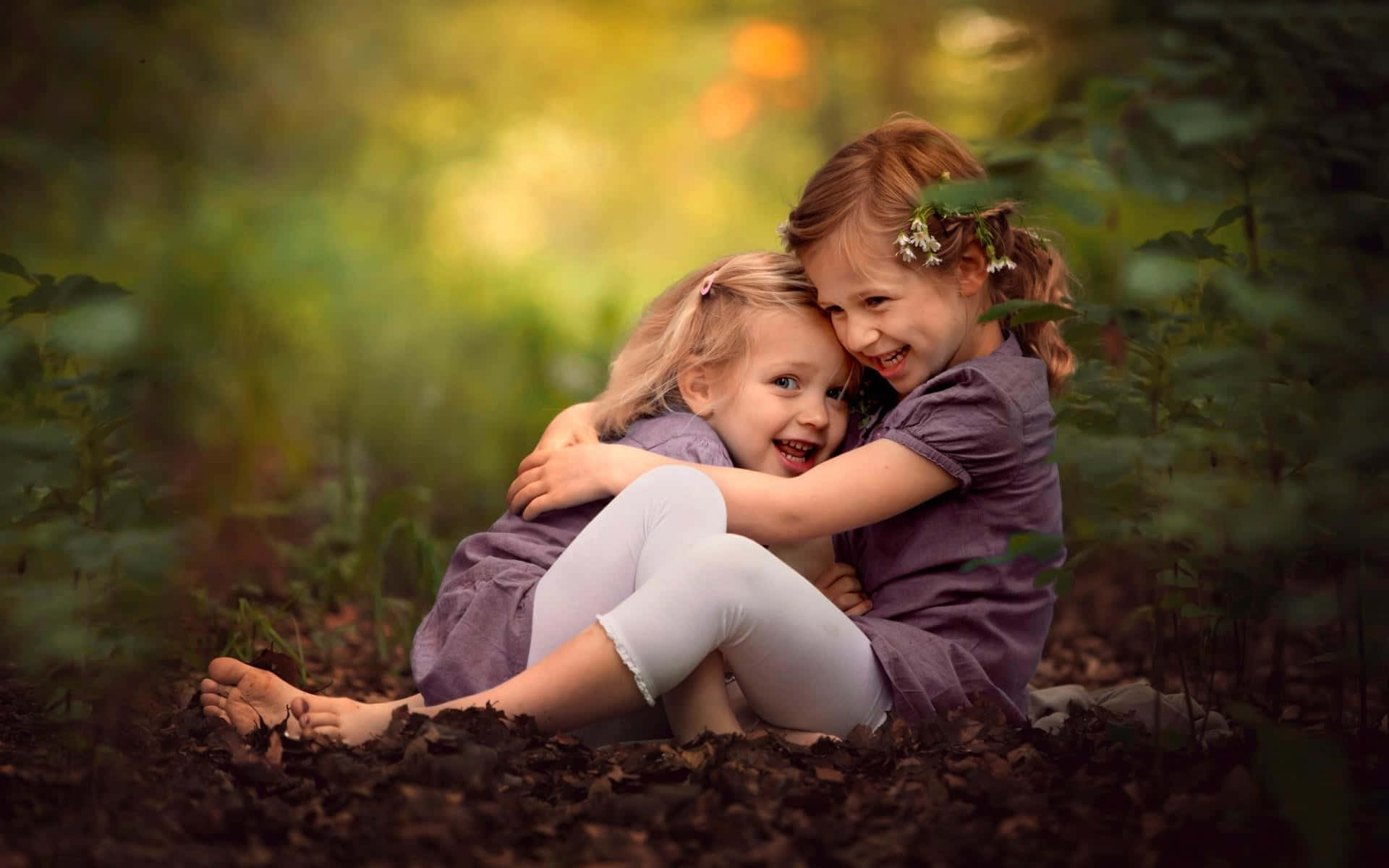 sisterly love, forest, purple dresses, Full HD Desktop Wallpaper