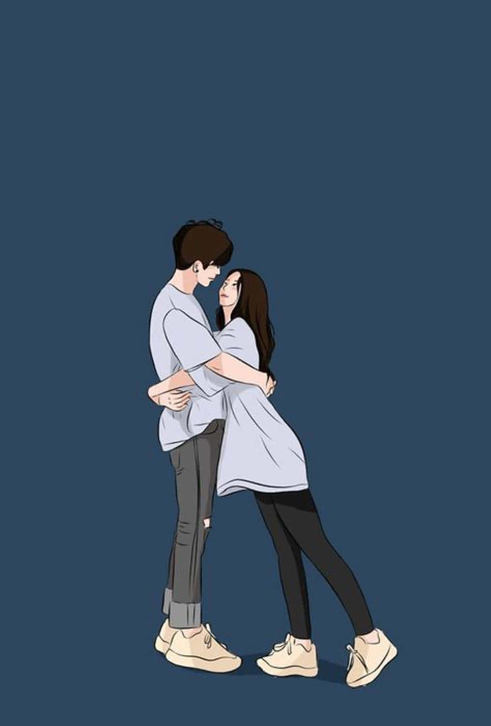 loving couple, side hug, cartoon, HD Phone Wallpaper
