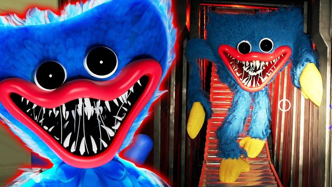 Huggy Wuggy, blue furry monsters, wide red mouths, HD Desktop Wallpaper