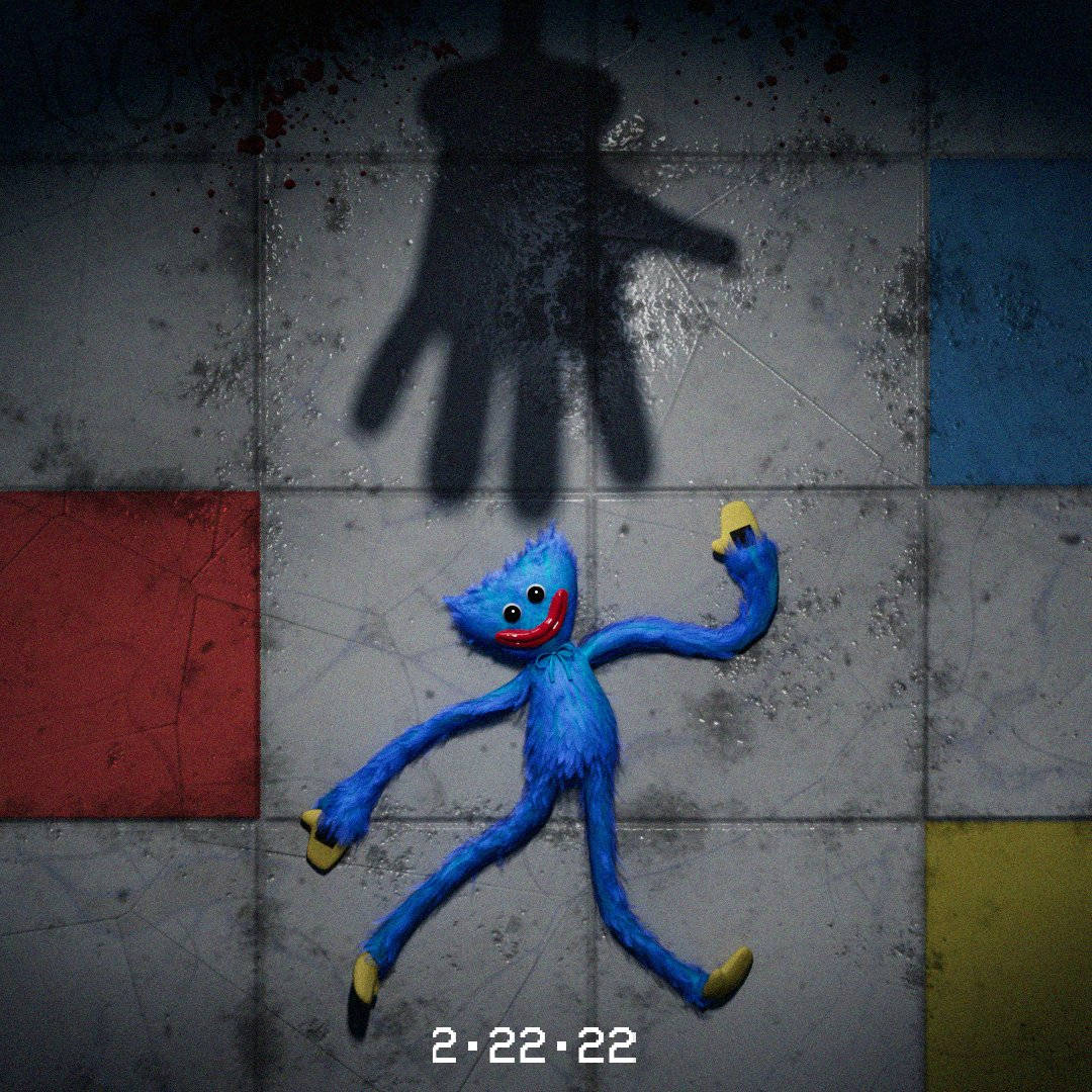Huggy Wuggy, blue furry plush toy, grimy tiled floor, SD Desktop Wallpaper