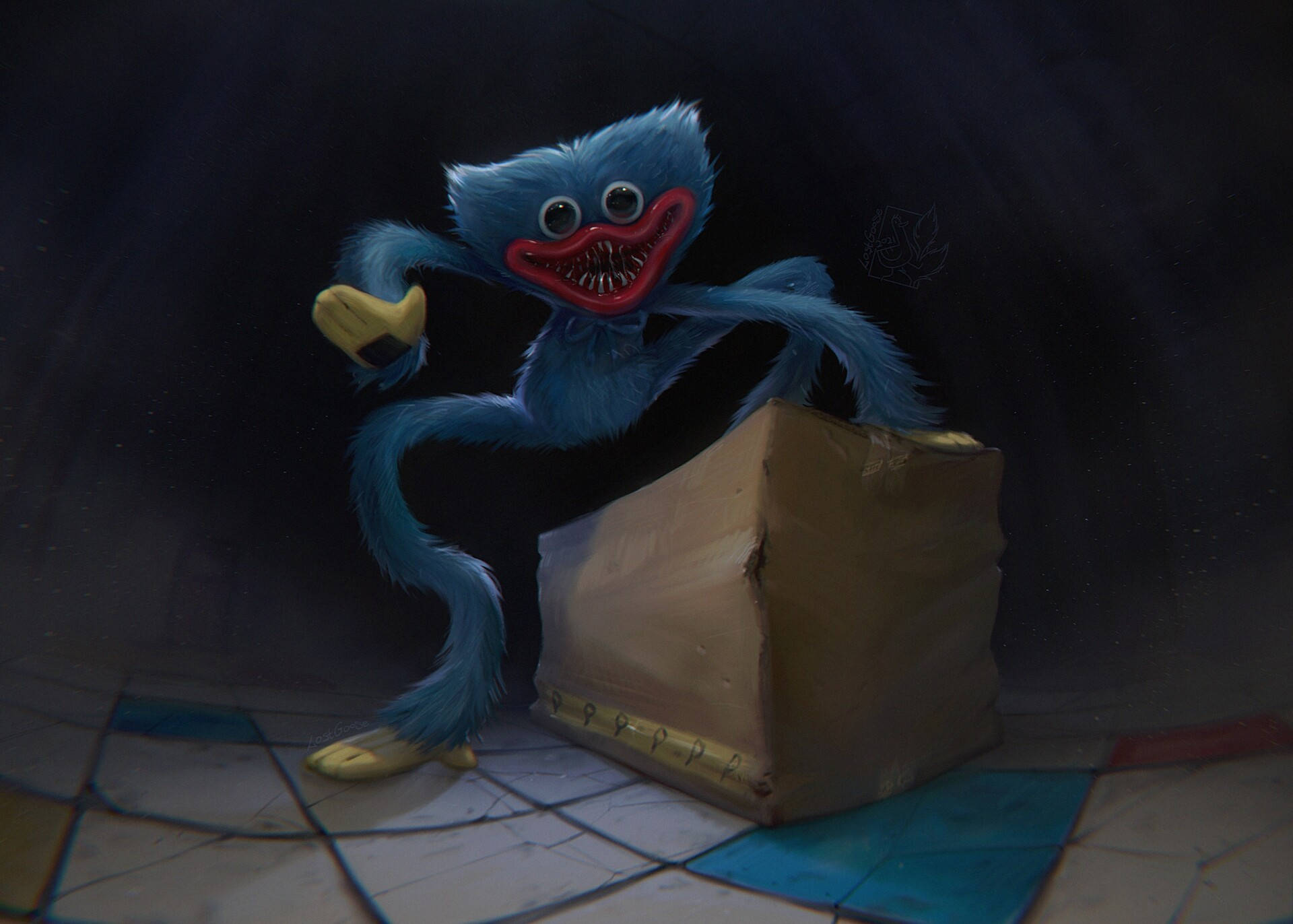 Huggy Wuggy, blue furry monster, wide red mouth, Full HD Desktop Wallpaper