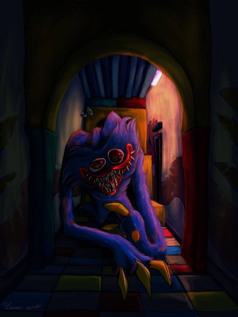 Huggy Wuggy, purple monster, glowing red eyes, SD Phone Wallpaper