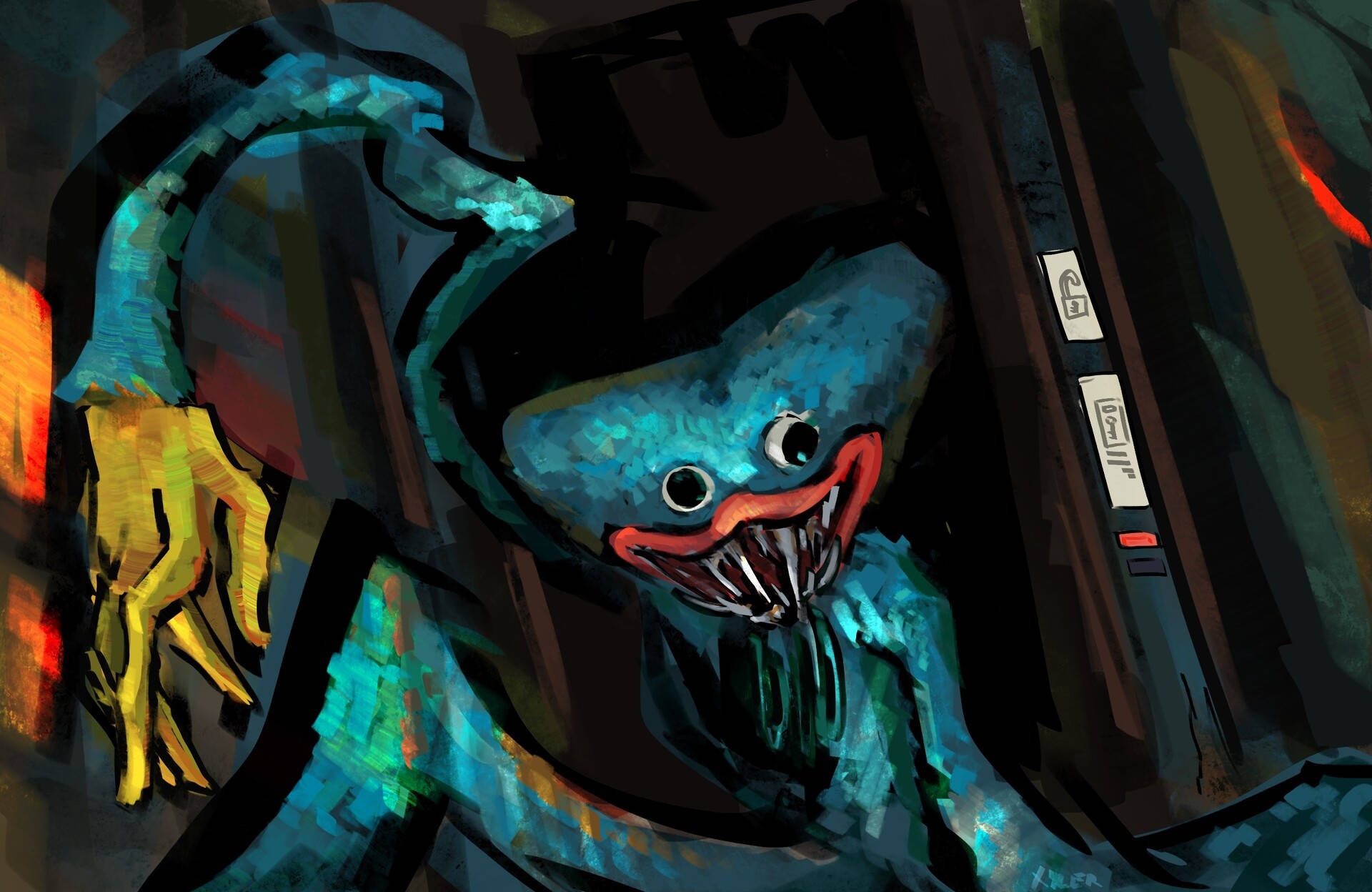 Huggy Wuggy, blue creature, sharp teeth, Full HD Desktop Wallpaper