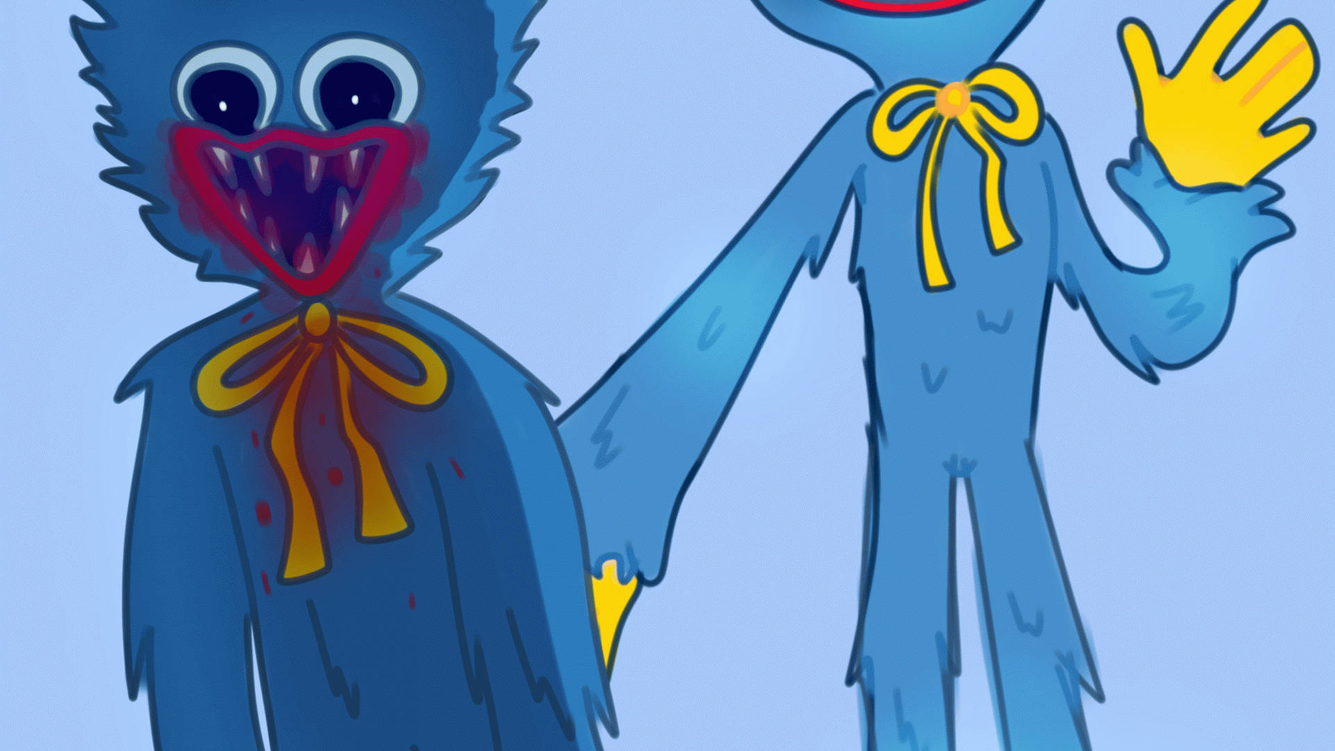 Huggy Wuggy, blue furry cartoon monsters, yellow bows, Full HD Desktop Wallpaper